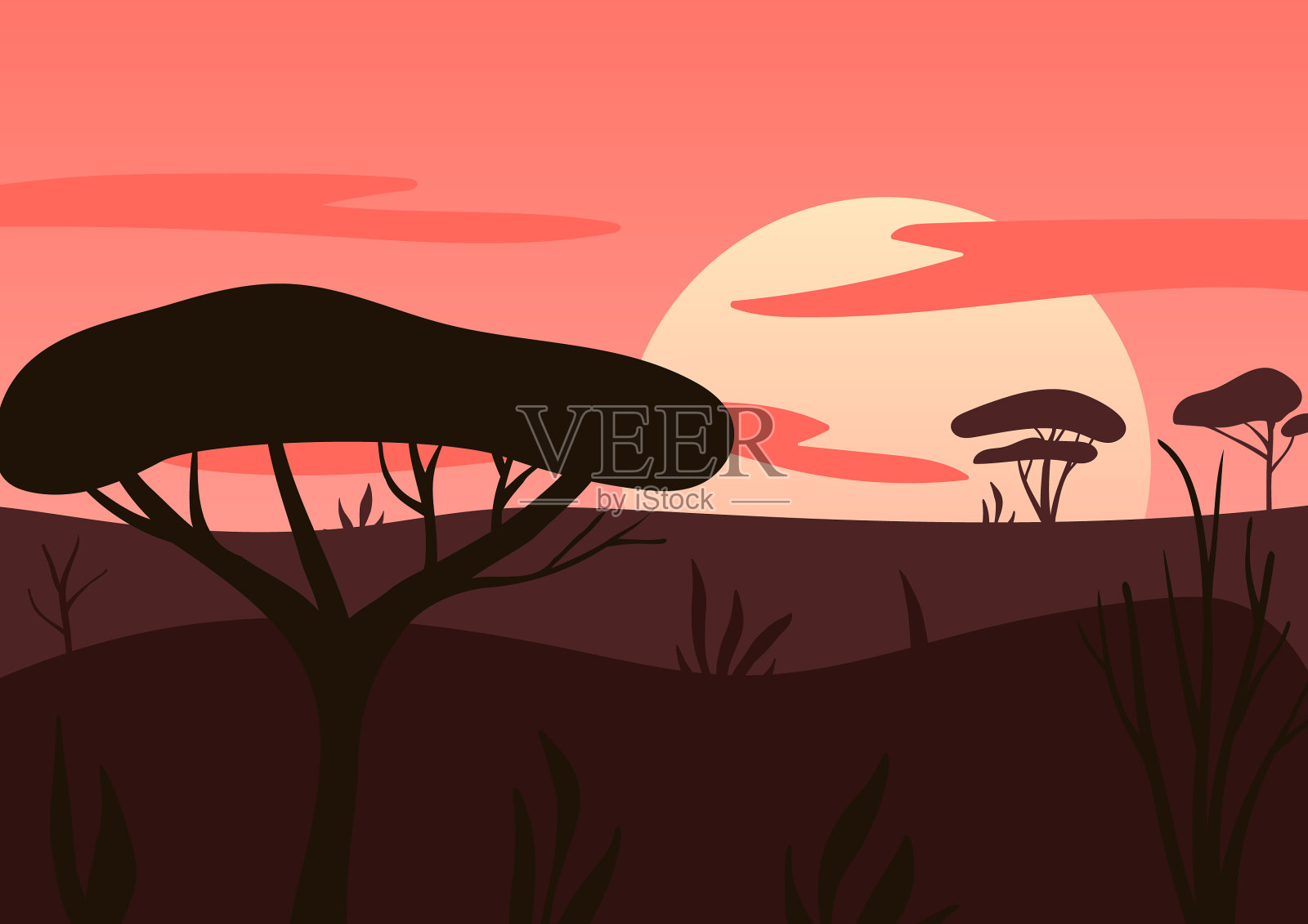 非洲日出珊瑚棕色树云插画图片素材