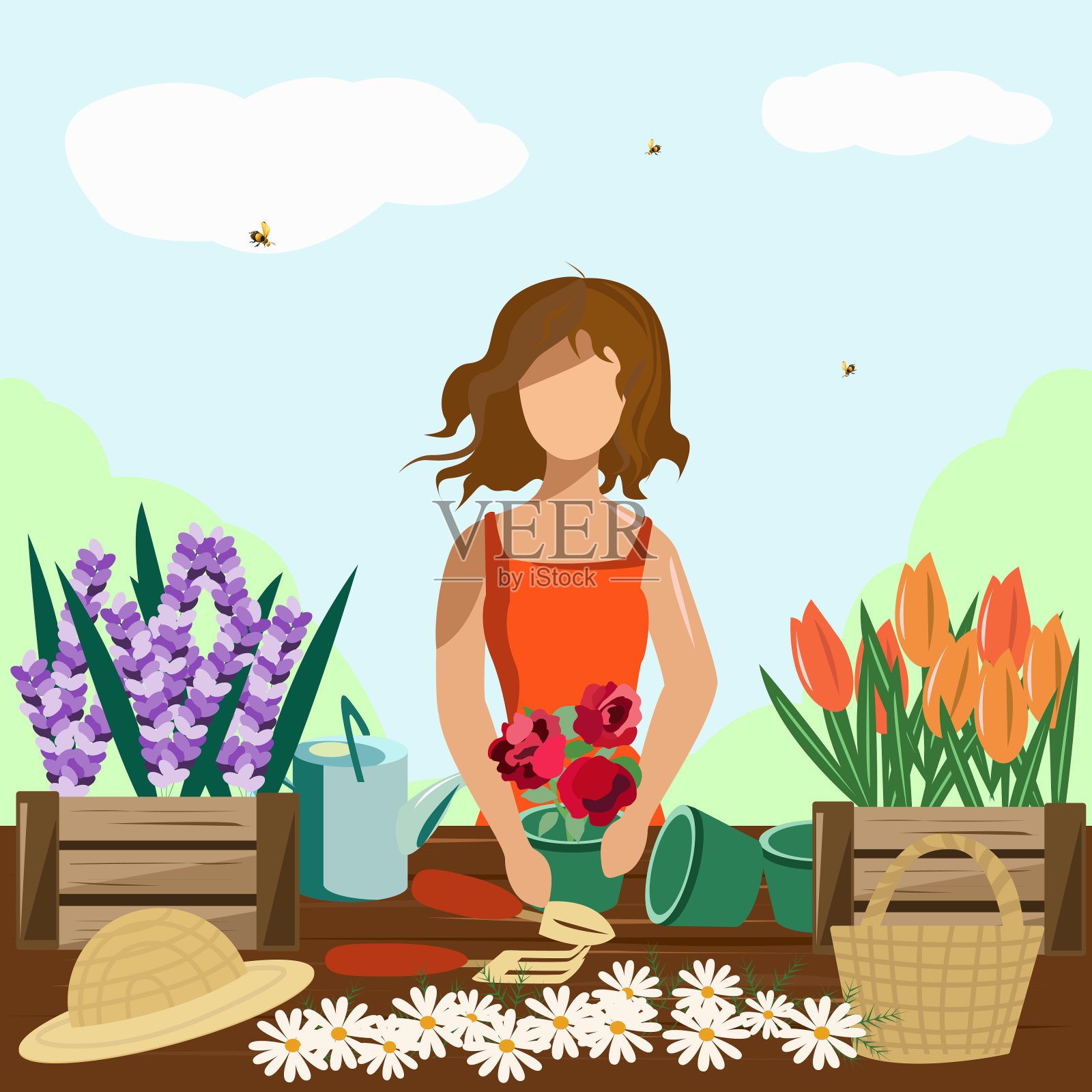 女孩在街上用花盆种花插画图片素材