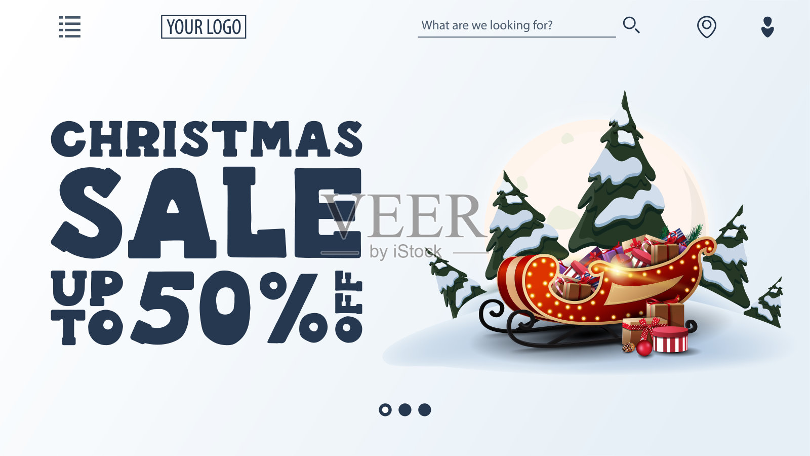 圣诞节销售，高达50%的折扣，白色折扣网络横幅与大优惠，网站导航和圣诞老人的雪橇与礼物插画图片素材