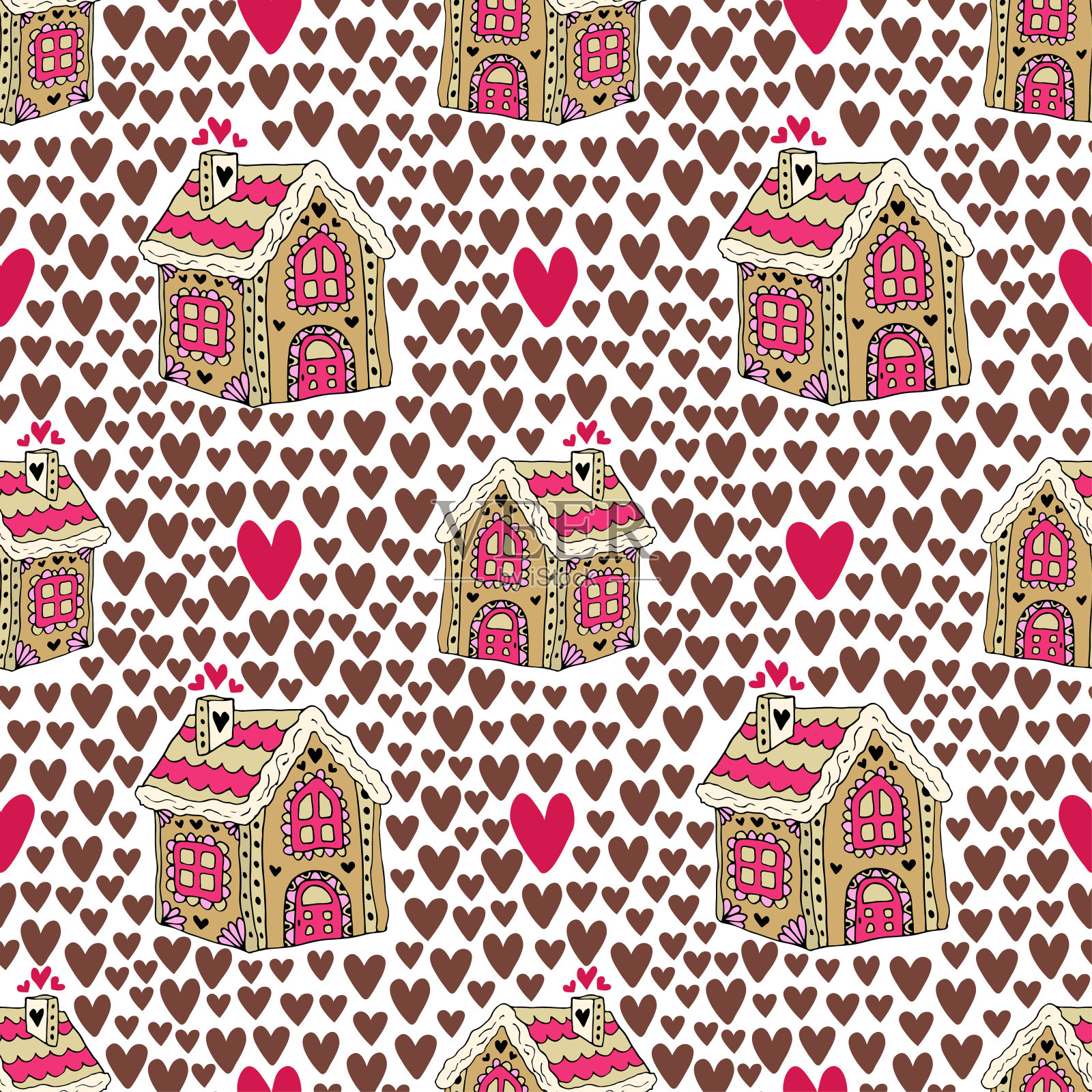 新年背景有姜饼屋和心形。糖果曲奇无缝图案插画图片素材
