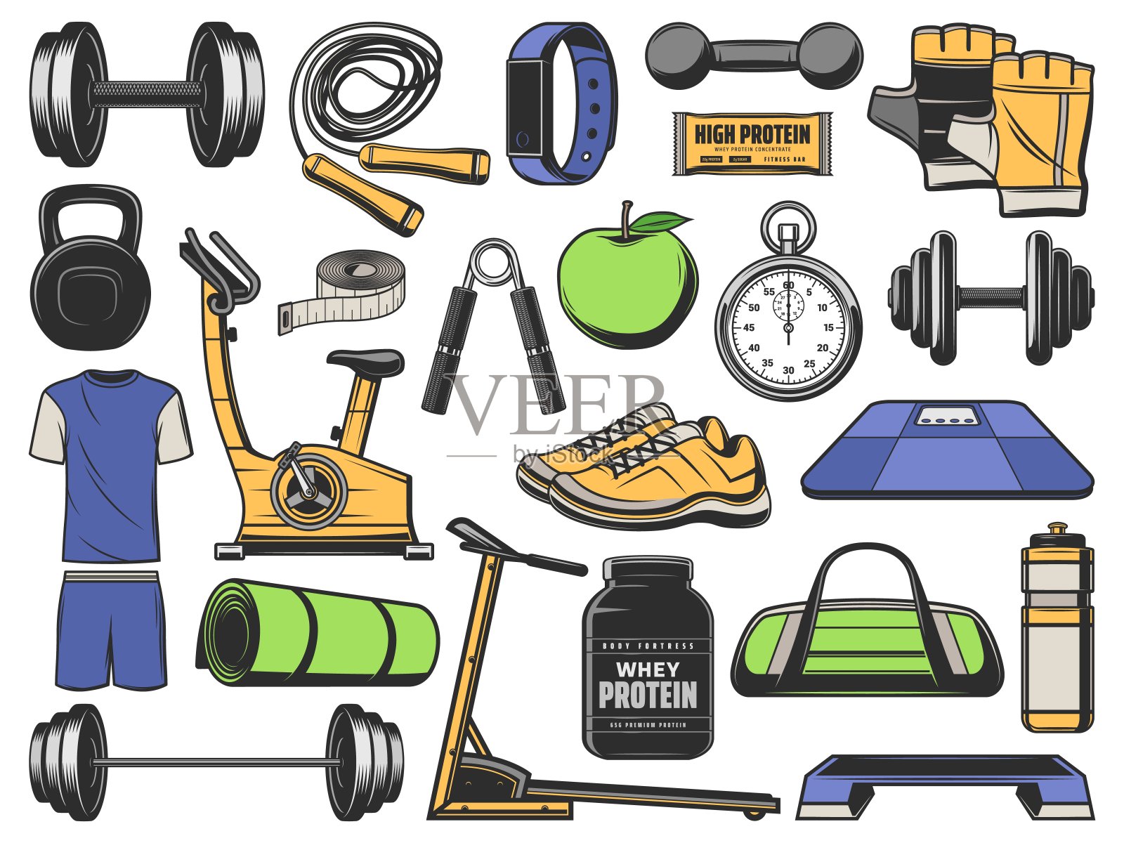 健身器材、健身器材、运动健身器材插画图片素材