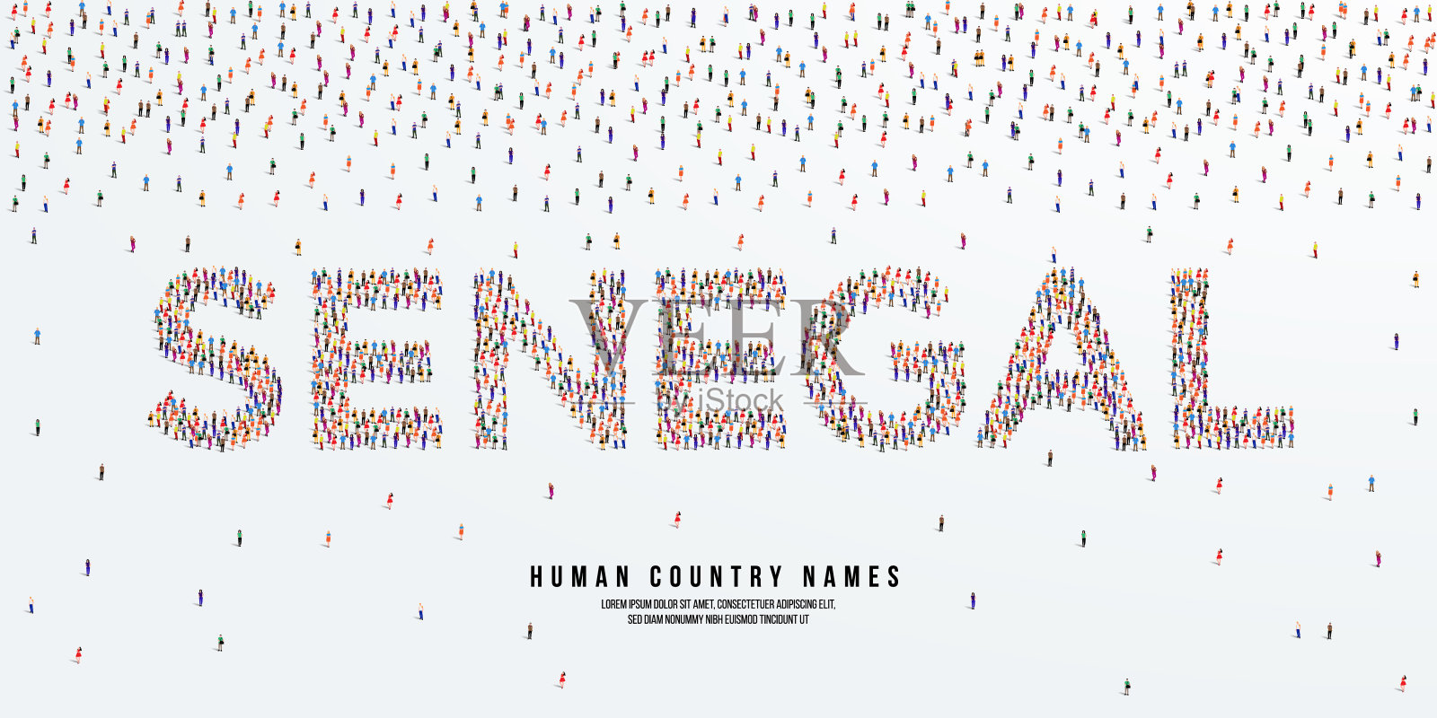 人类国家名塞内加尔。一大群人组成创建国家名称塞内加尔。矢量插图。插画图片素材