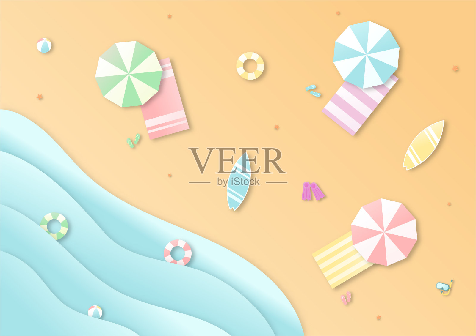 你好夏天与海滩景观背景。纸艺术风格。矢量插图。插画图片素材