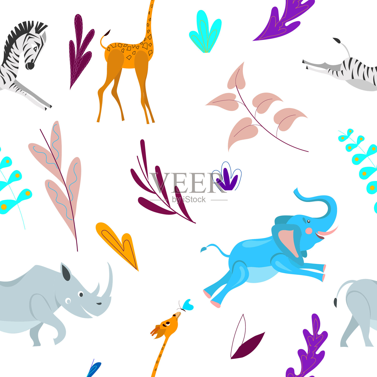 非洲动物的图案。犀牛，长颈鹿，大象，斑马。矢量图插画图片素材