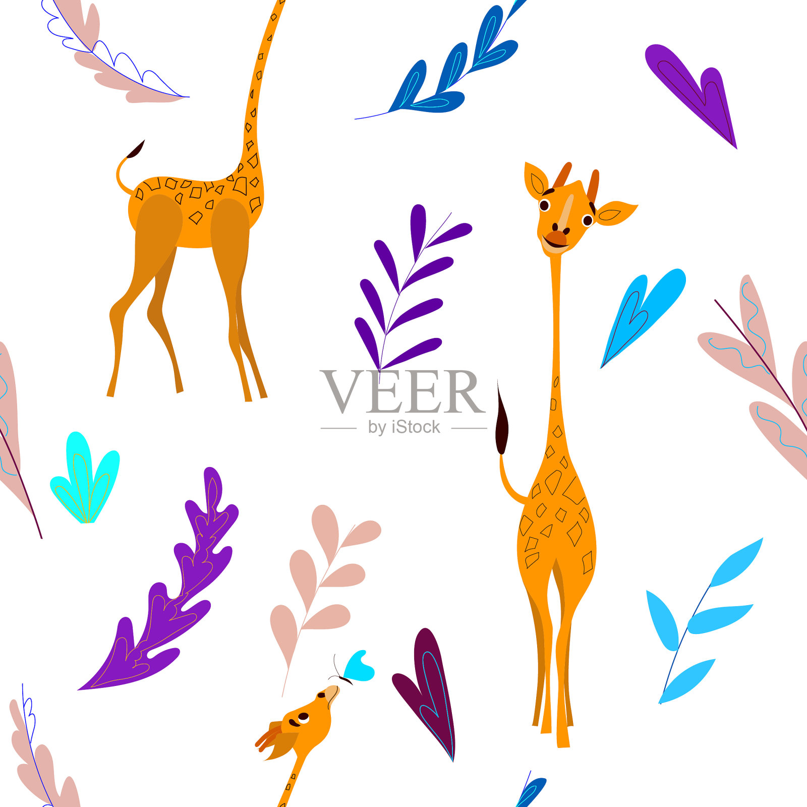 图案与卡通长颈鹿。印花。矢量图插画图片素材