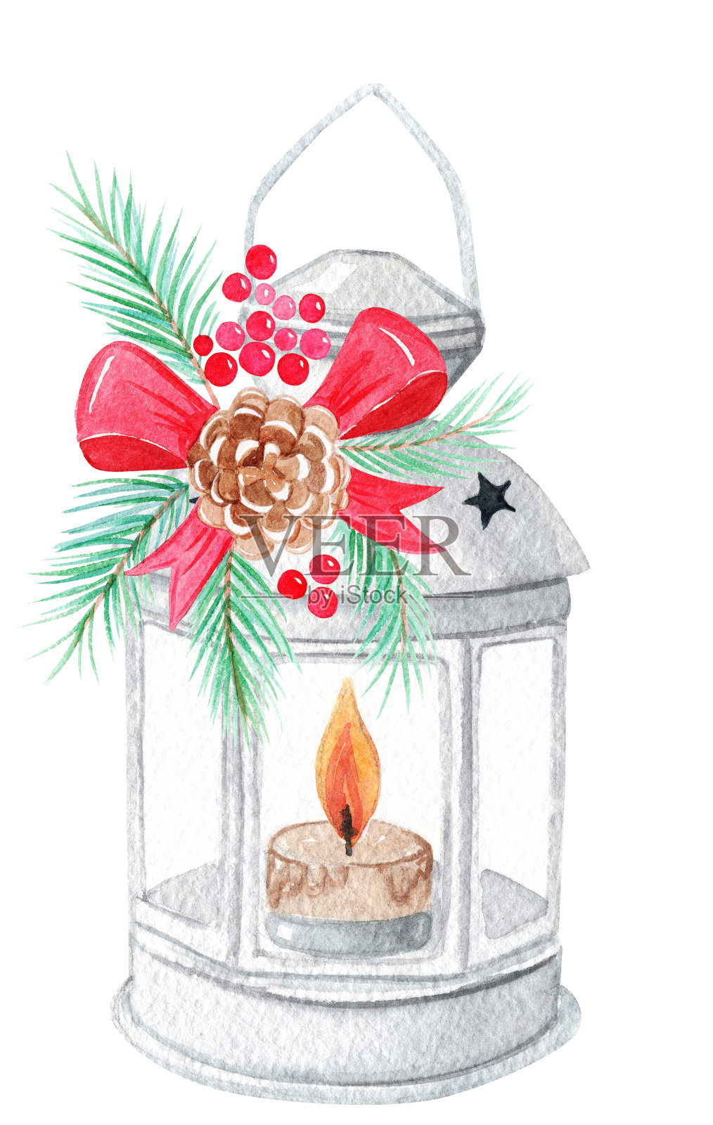 水彩圣诞蜡烛灯笼与冷杉枝装饰在白色的背景插画图片素材