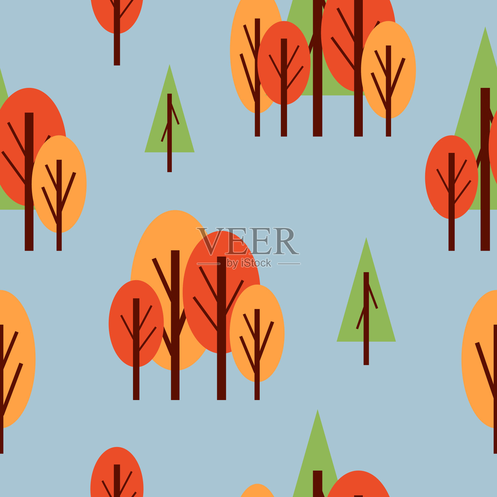 无缝图案与秋天的树木。红色，绿色和橙色。灰色的背景。卡通平的风格。花园或森林。自然与生态。明信片，墙纸，纺织品，剪贴簿和包装纸插画图片素材