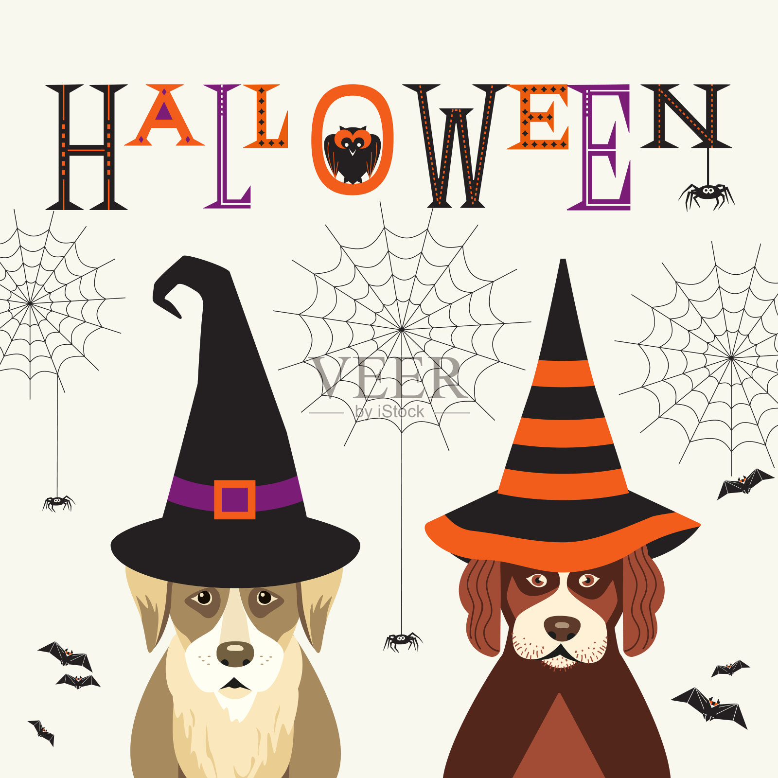 可爱的狗在女巫帽子花哨的万圣节海报插画图片素材