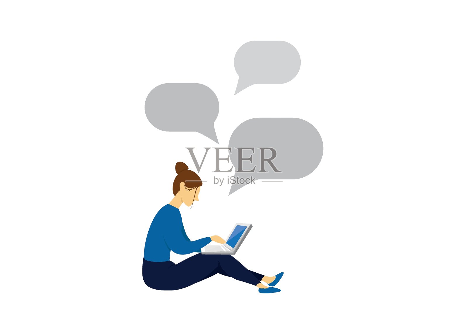 拿着笔记本电脑和泡泡聊天的女人。插画图片素材