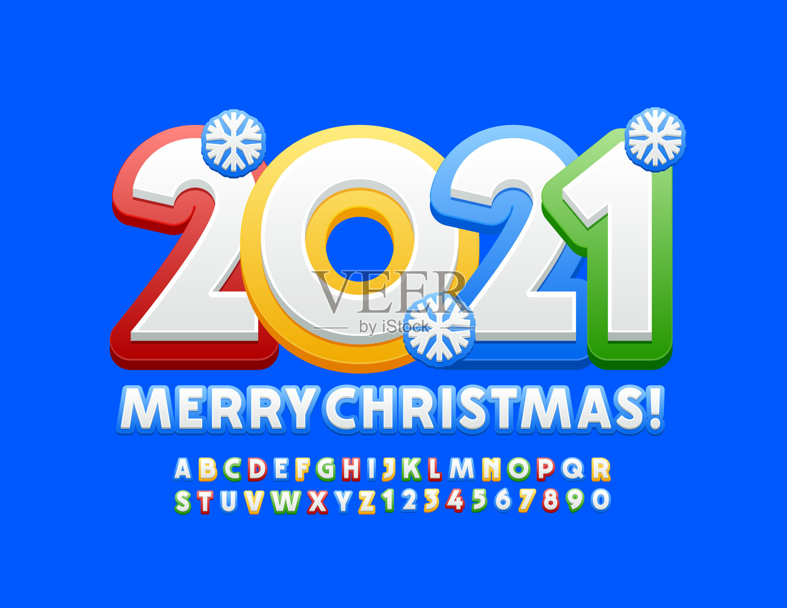 矢量贺卡圣诞快乐2021与雪花。彩色和白色创意字母和数字集插画图片素材