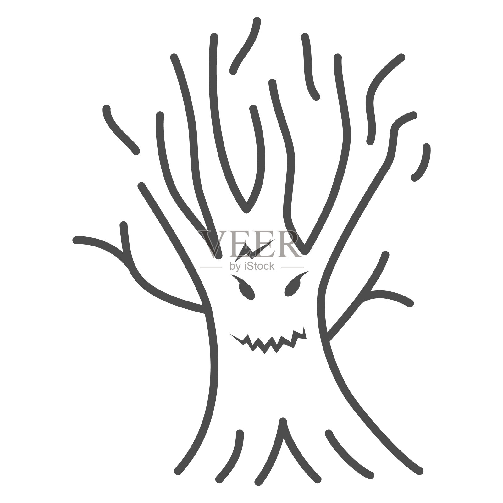 魔法树细线图标，万圣节概念，幽灵剪影的万圣节树标志在白色的背景，恐怖的森林图标轮廓风格的移动概念和网页设计。矢量图形。插画图片素材