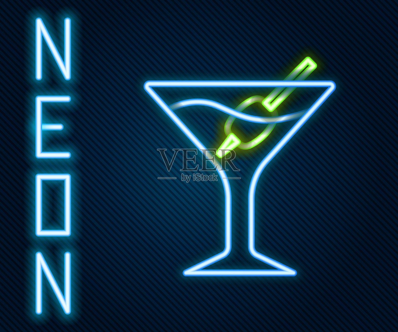 发光的霓虹灯线马丁尼玻璃图标隔离在黑色背景。鸡尾酒图标。酒杯图标。彩色轮廓概念。向量插画图片素材