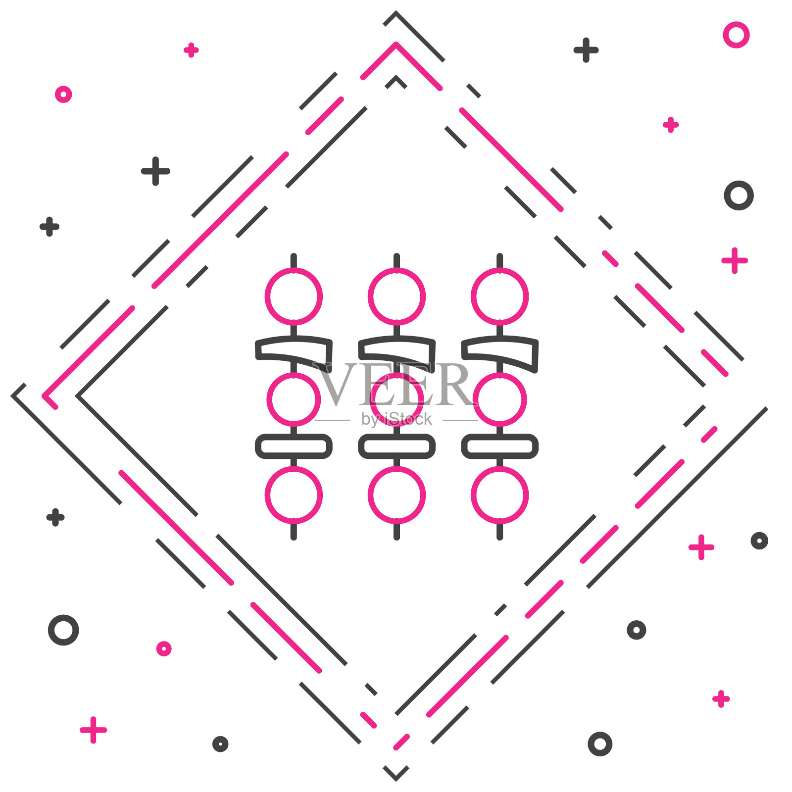 线烤羊肉串上串棍图标孤立在白色背景。肉串串在串棍上。野餐和烤肉。色彩斑斓的轮廓的概念。向量图标素材