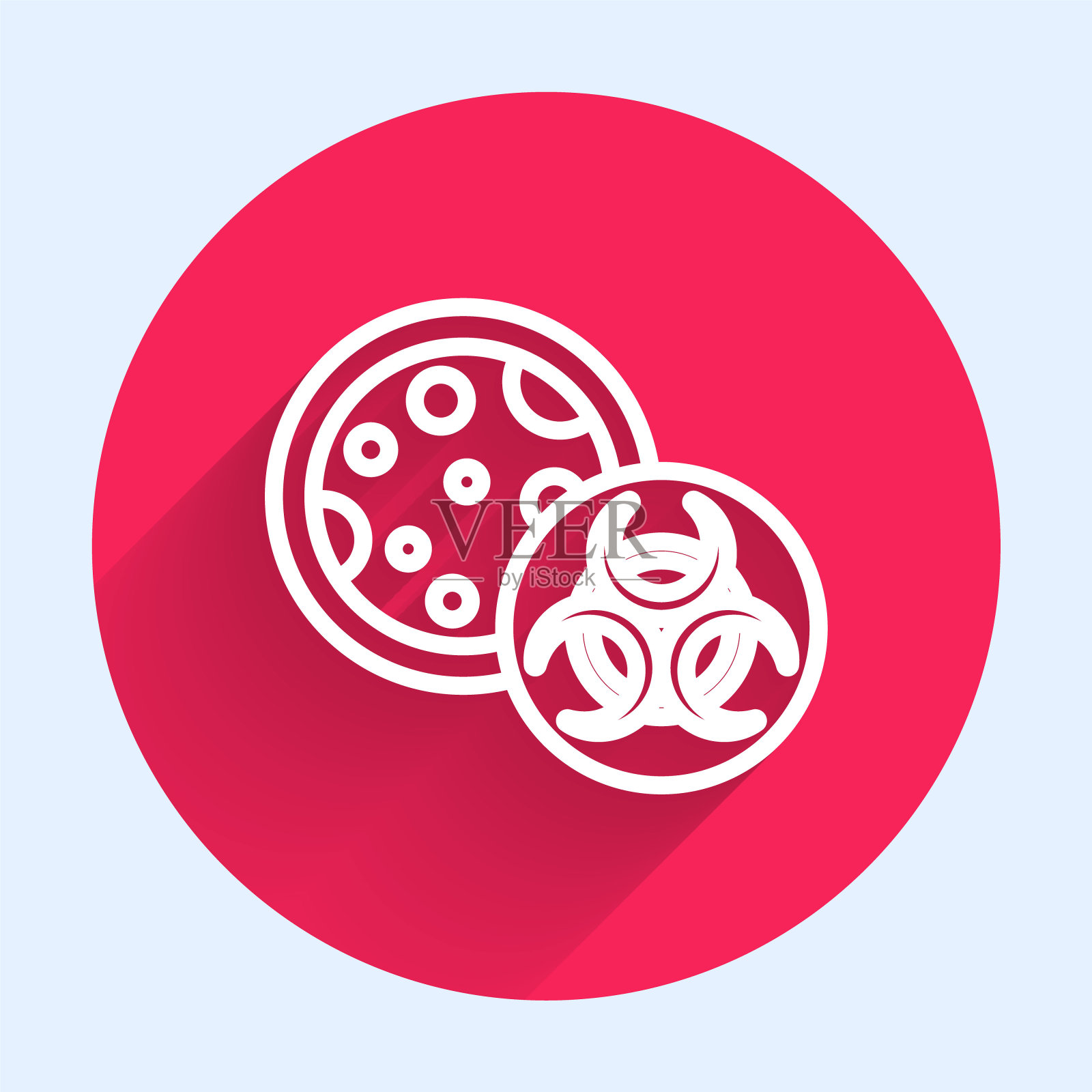 白线转基因图标孤立与长阴影。转基因生物的缩写。Dna食品修改。红色圆圈按钮。向量插画图片素材