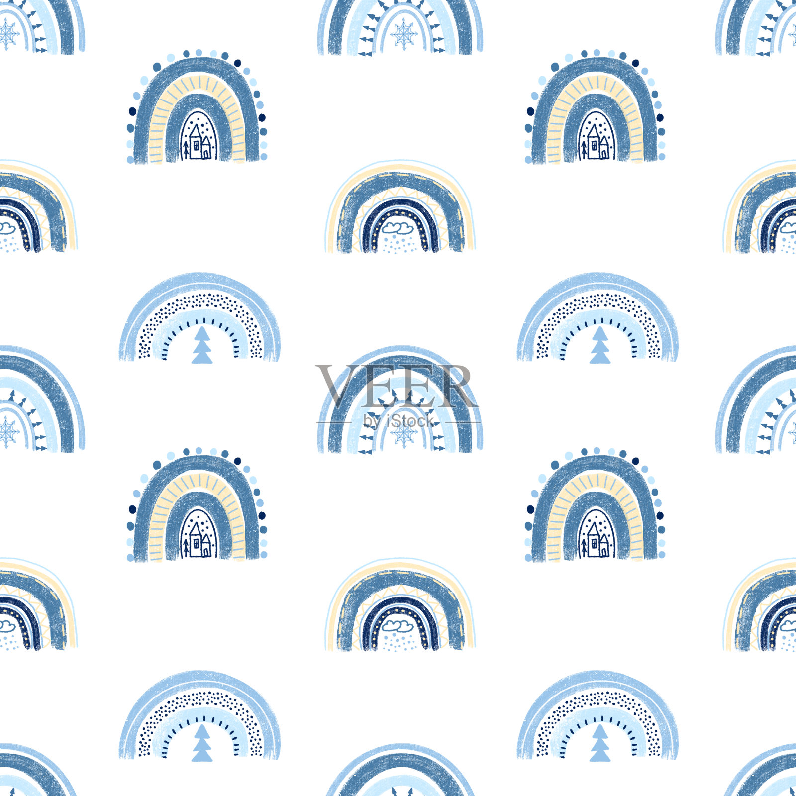 无缝图案手绘抽象现代冬季彩虹在粉彩蓝色在白色的背景插画图片素材