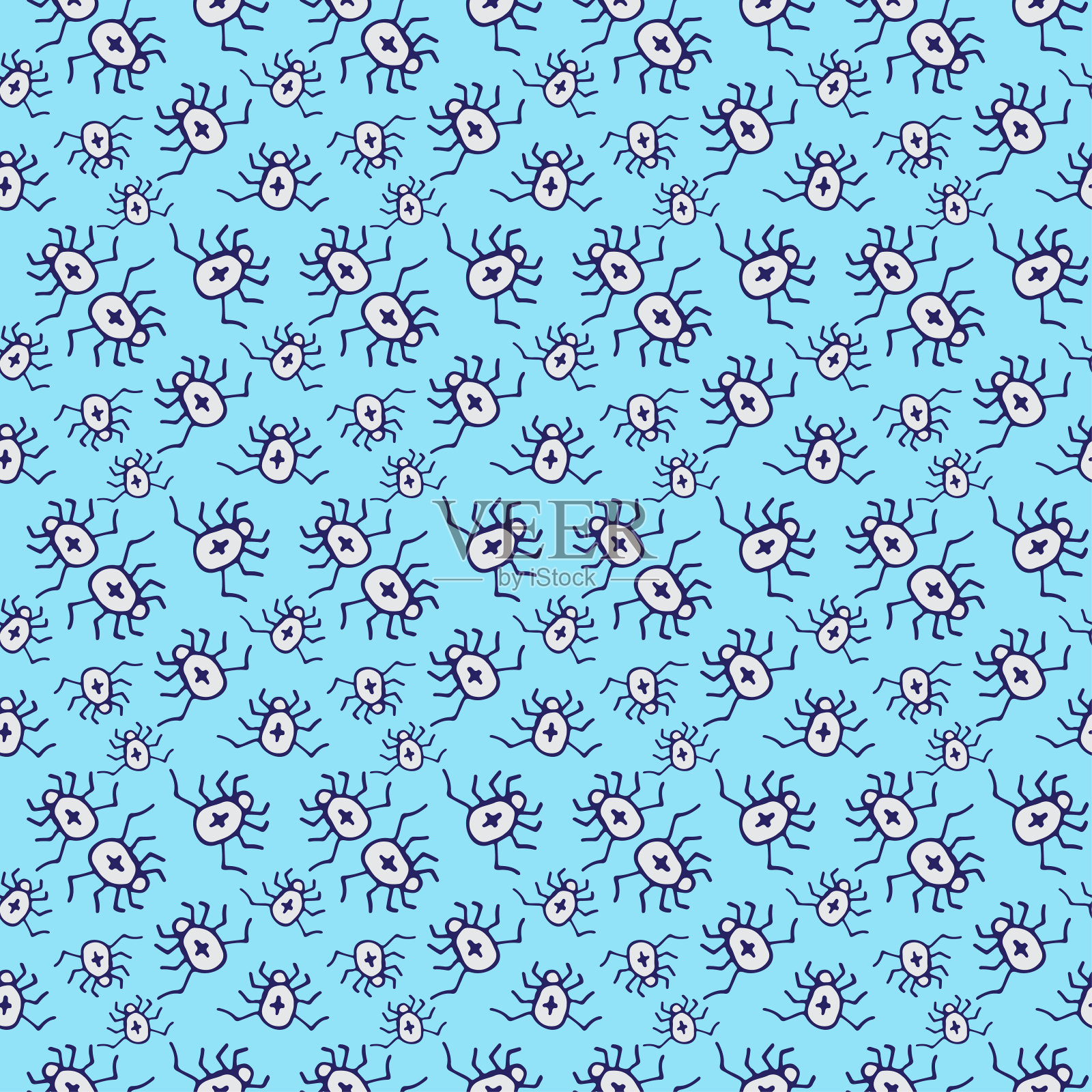 甲虫图案设计。昆虫无缝的背景。纺织图案或包装纸。简单的蜘蛛纹理，蓝色。插画图片素材