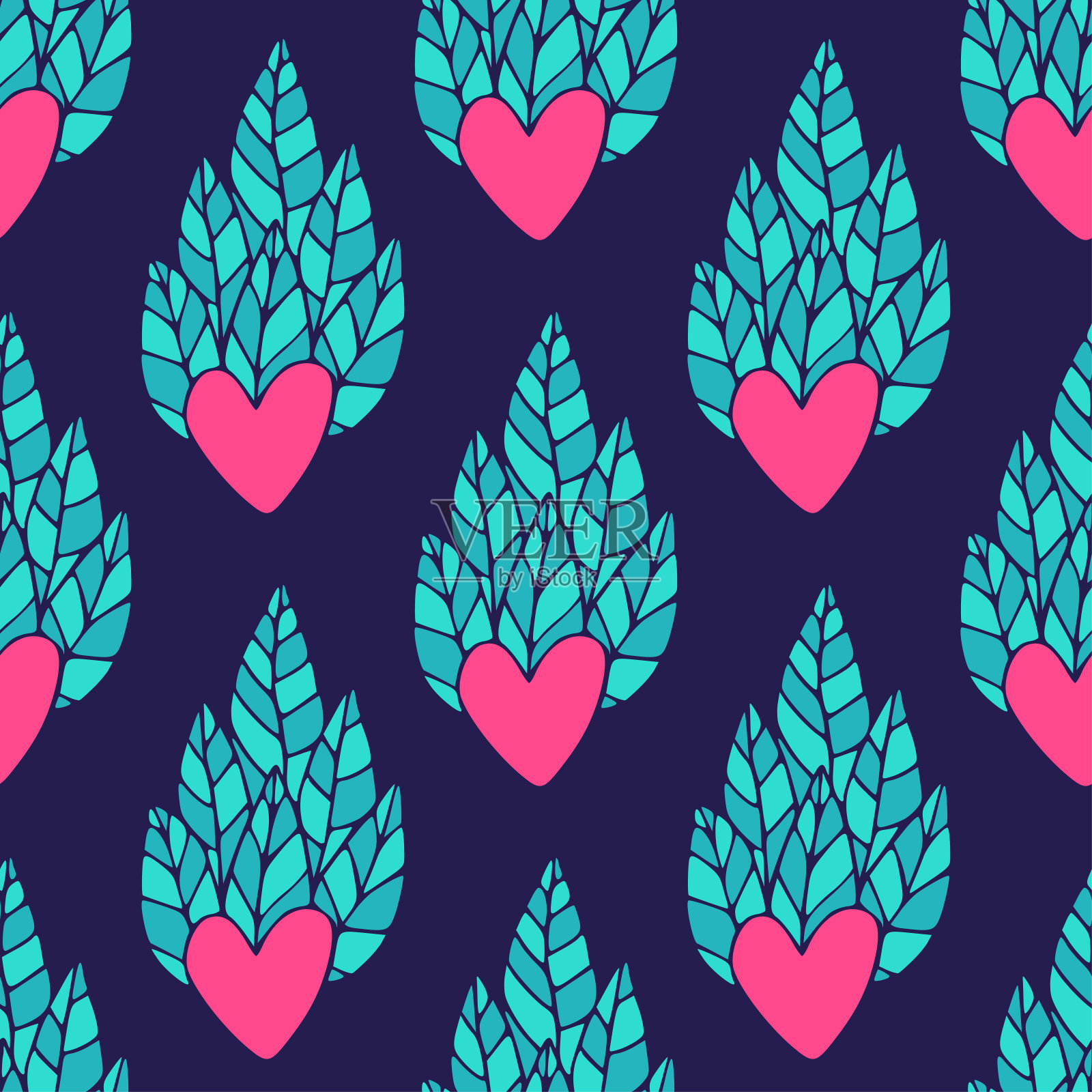 心形无缝图案。情人节包装图案与装饰心。矢量打印与叶子的纺织品设计。插画图片素材