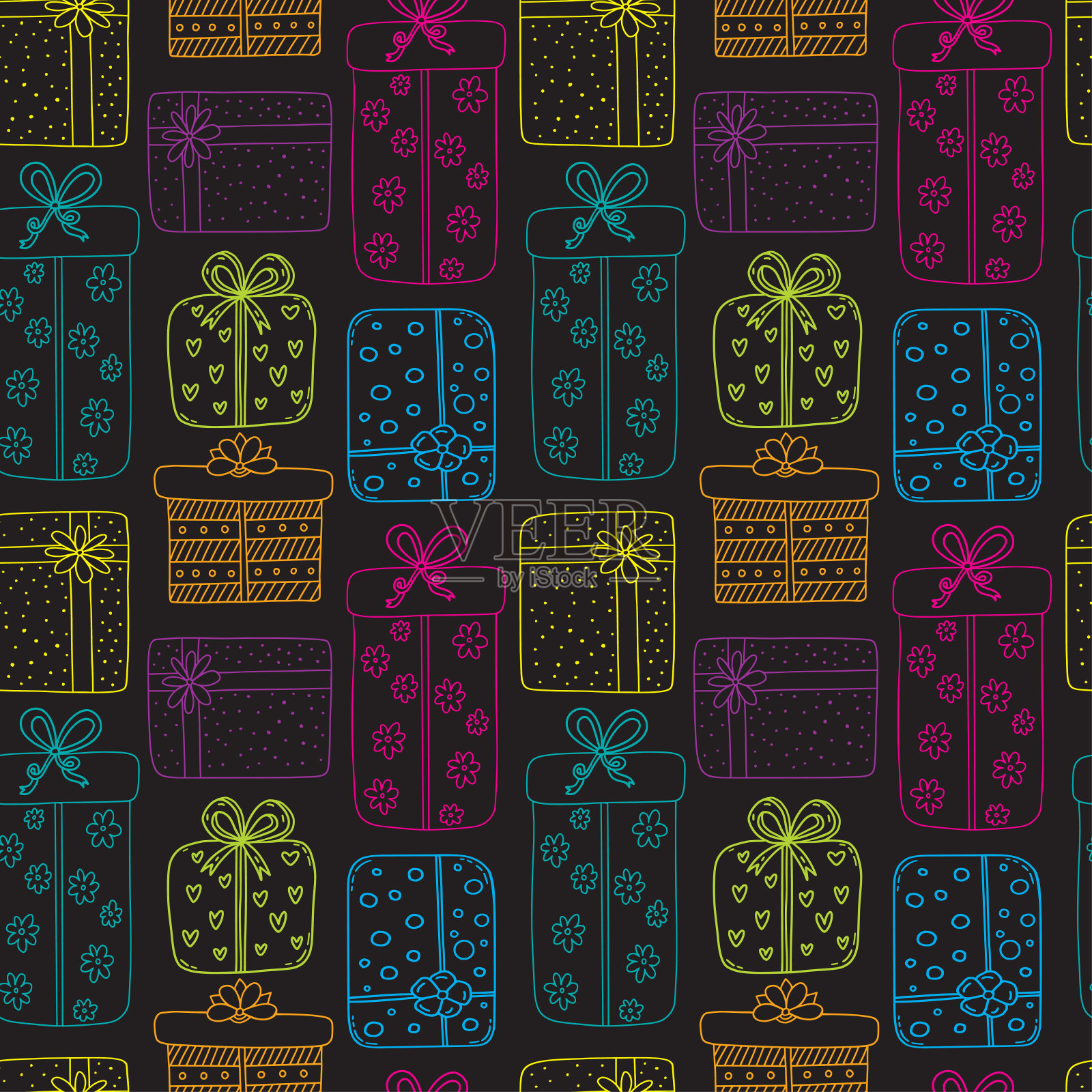 礼物无缝模式。新年或圣诞节背景。节日模式与礼品盒。包装彩色纸设计。插画图片素材