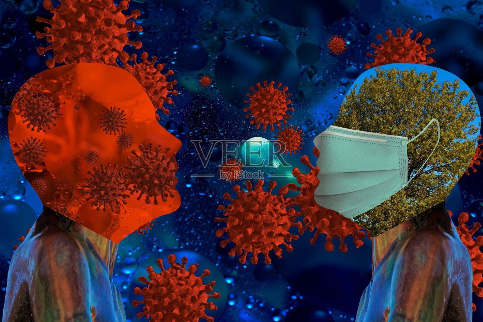 3D插图，两张脸，一个带口罩，一个不带，流感波COVID-19病毒，冠状病毒，医学概念。插画图片素材