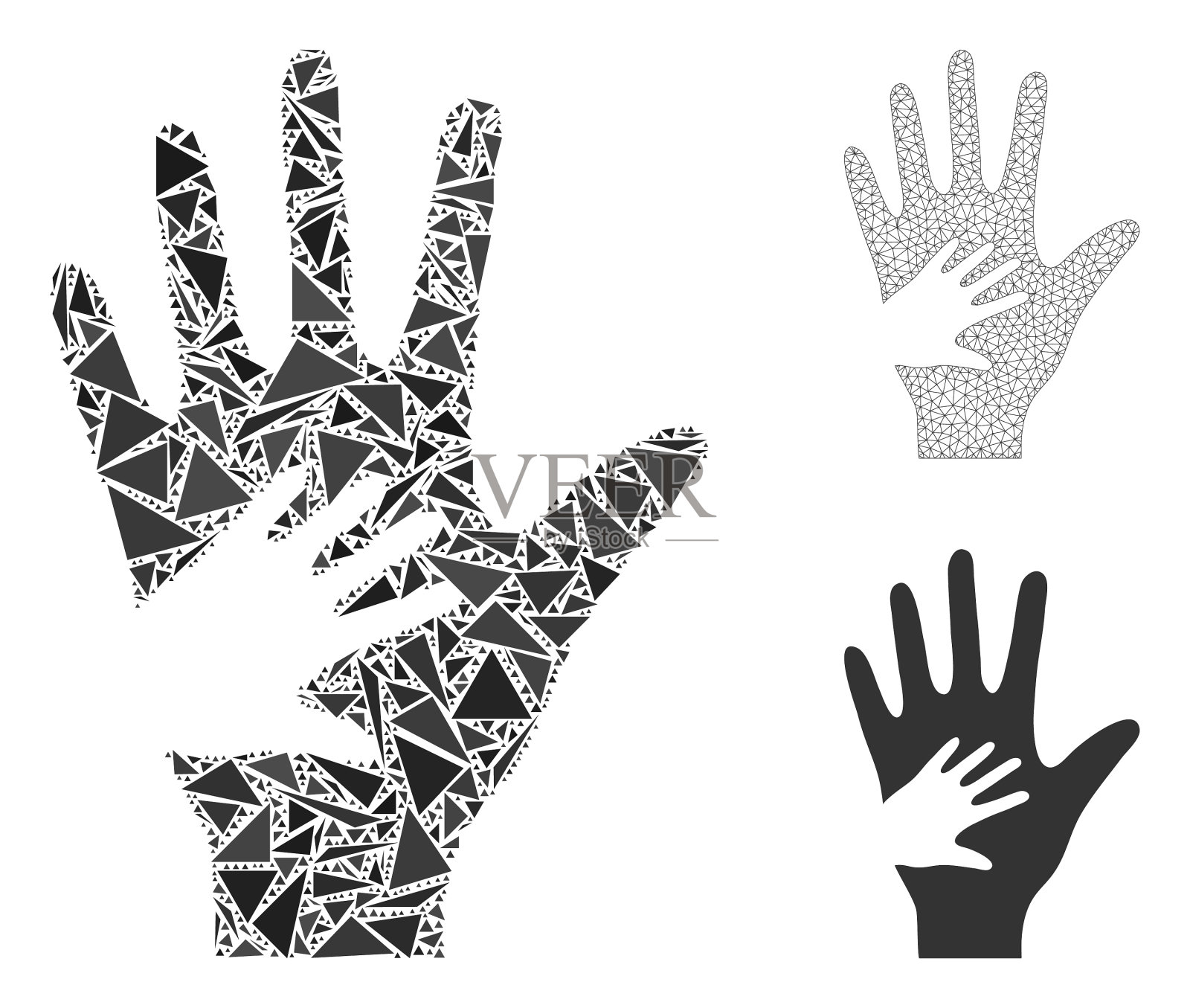 三角形马赛克帮助手图标和网格插画图片素材