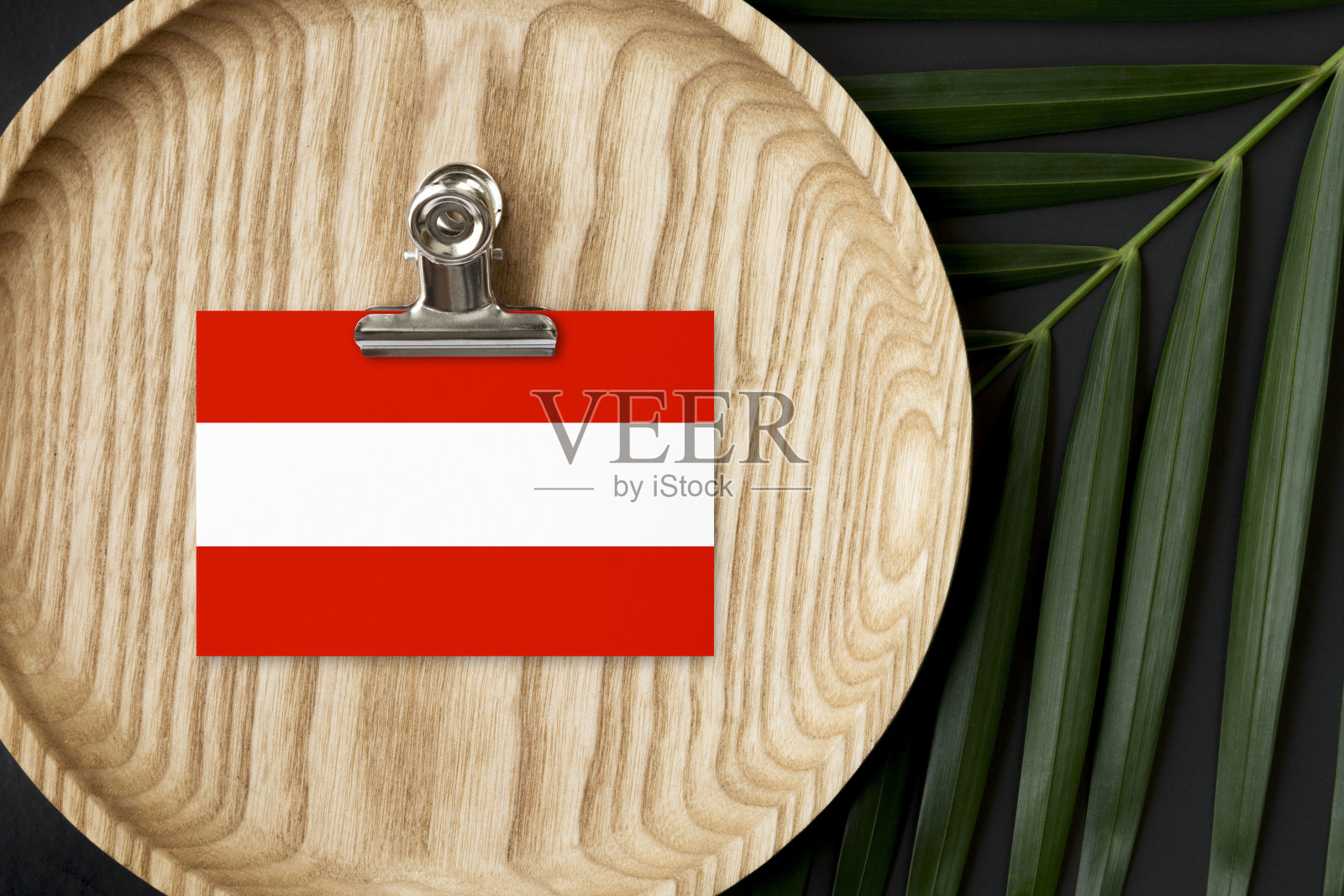 贴在木板上的奥地利国旗。热带棕榈叶怪兽的背景。最小的国家概念。照片摄影图片