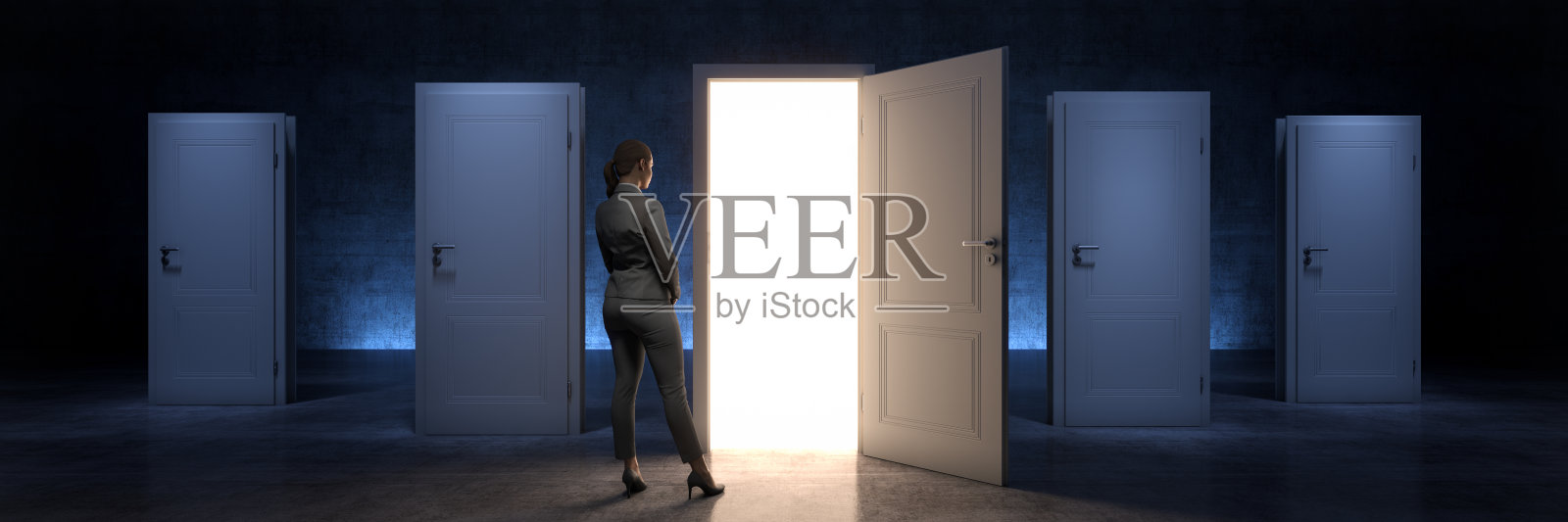 门和女商人，门通向新的机遇。三维渲染照片摄影图片