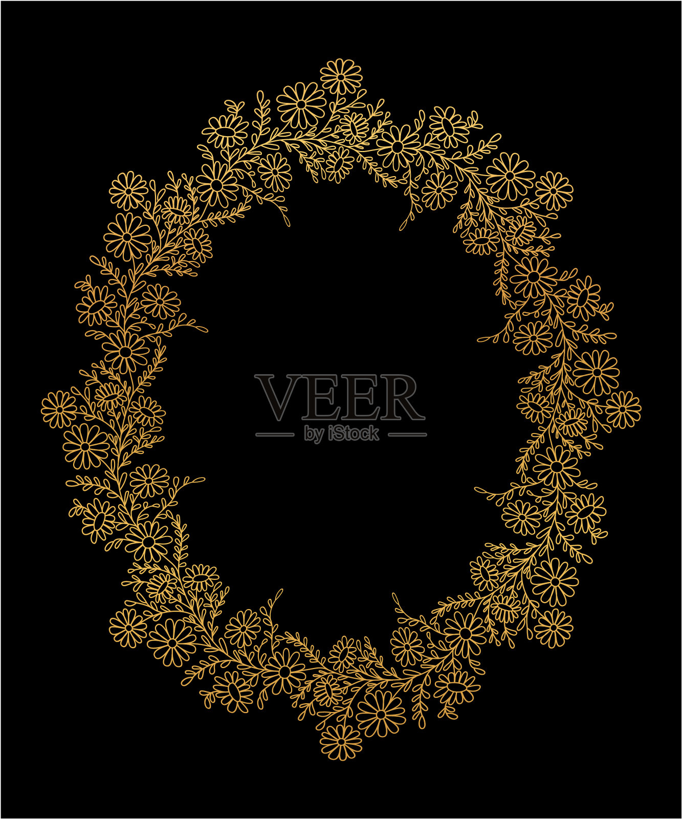 装饰性的金色花环与花卉图案的夏天插画图片素材