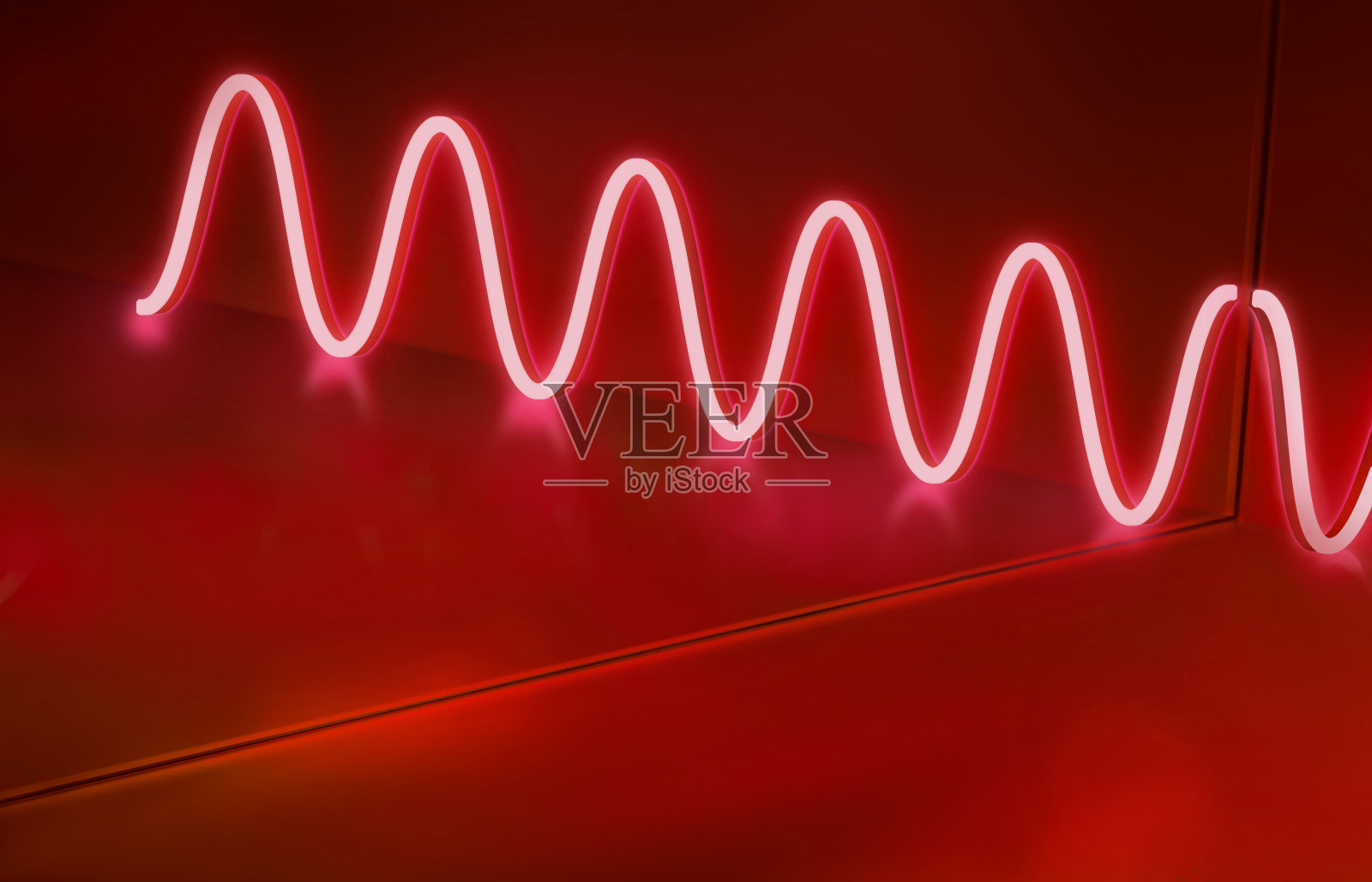现实的现代未来概念俱乐部背景与红粉色霓虹灯的空黑暗房间发光的红色波霓虹灯与镜子反射3D渲染插图照片摄影图片