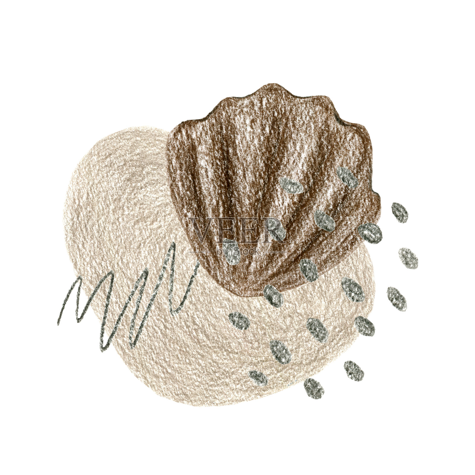 彩色铅笔抽象插图，沙状，棕色贝壳，灰色线和点。一张棕色的正方形图片。插画图片素材