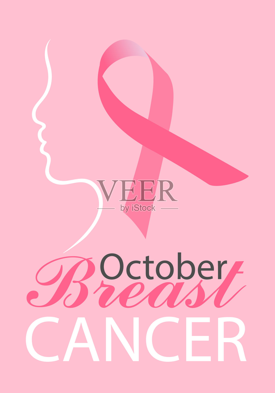 乳腺癌宣传月。女人的脸轮廓和粉红色的蝴蝶结插画图片素材