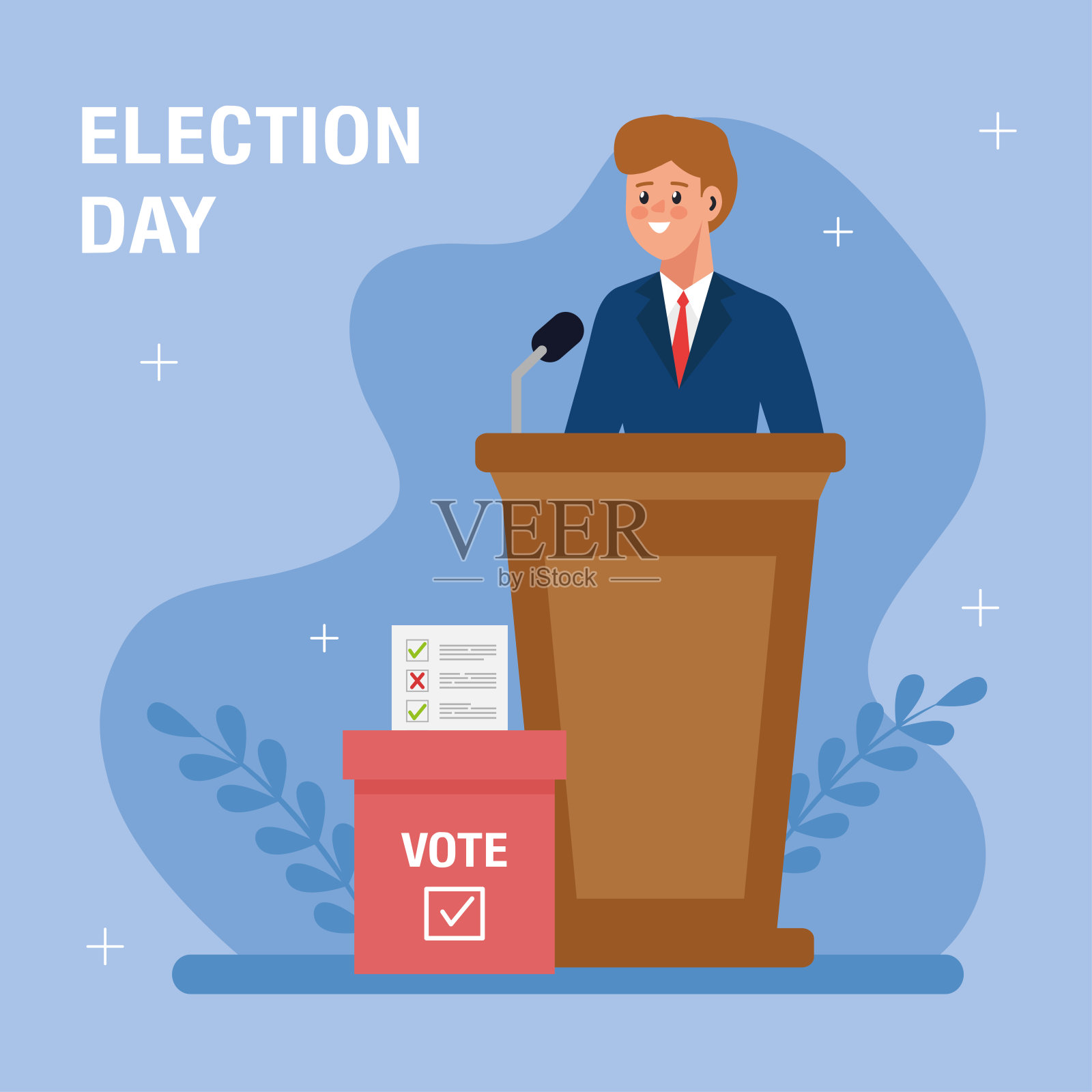 大选日主席台上man的选票纸和盒子矢量设计插画图片素材