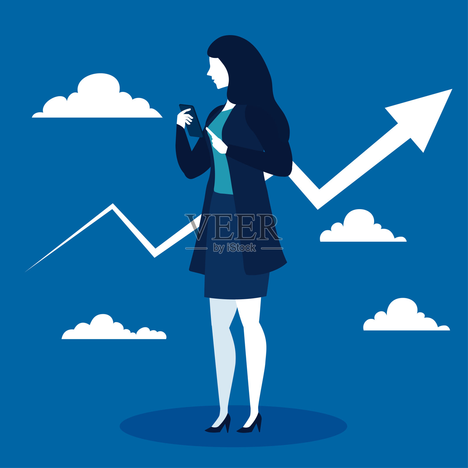 女商人用增加箭头和蓝色背景上的云向量设计插画图片素材