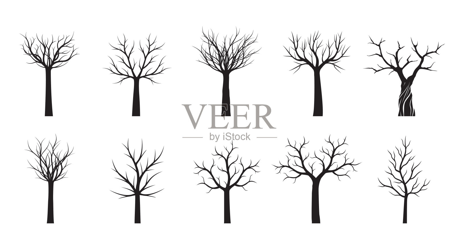 黑树。矢量插图轮廓。轮廓树，植物在花园里。设计元素图片