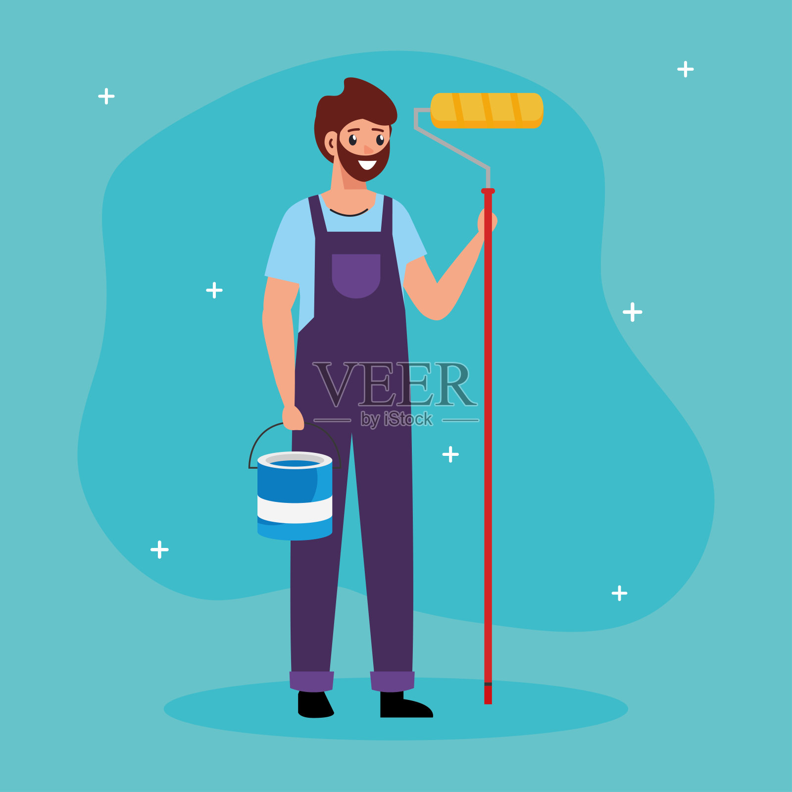 手持滚筒和水桶的画家男人矢量设计插画图片素材