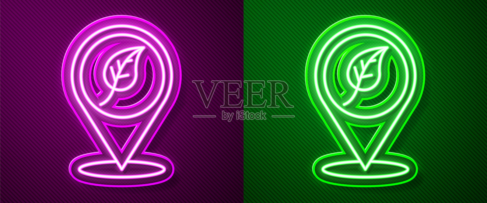 发光的霓虹灯线位置与叶子图标孤立在紫色和绿色的背景。生态能源的概念。替代能源的概念。向量插画图片素材