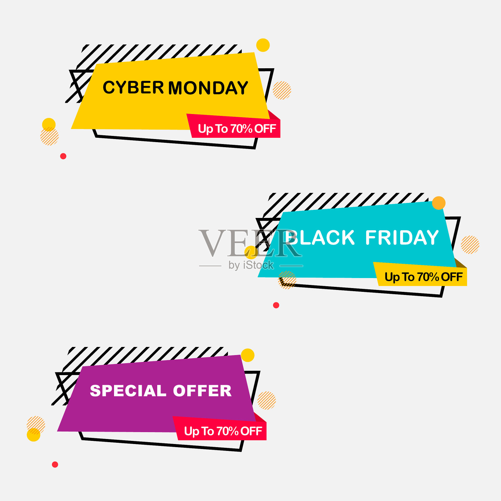 彩色销售标签特惠，黑色星期五和网络星期一促销横幅元素设计元素图片