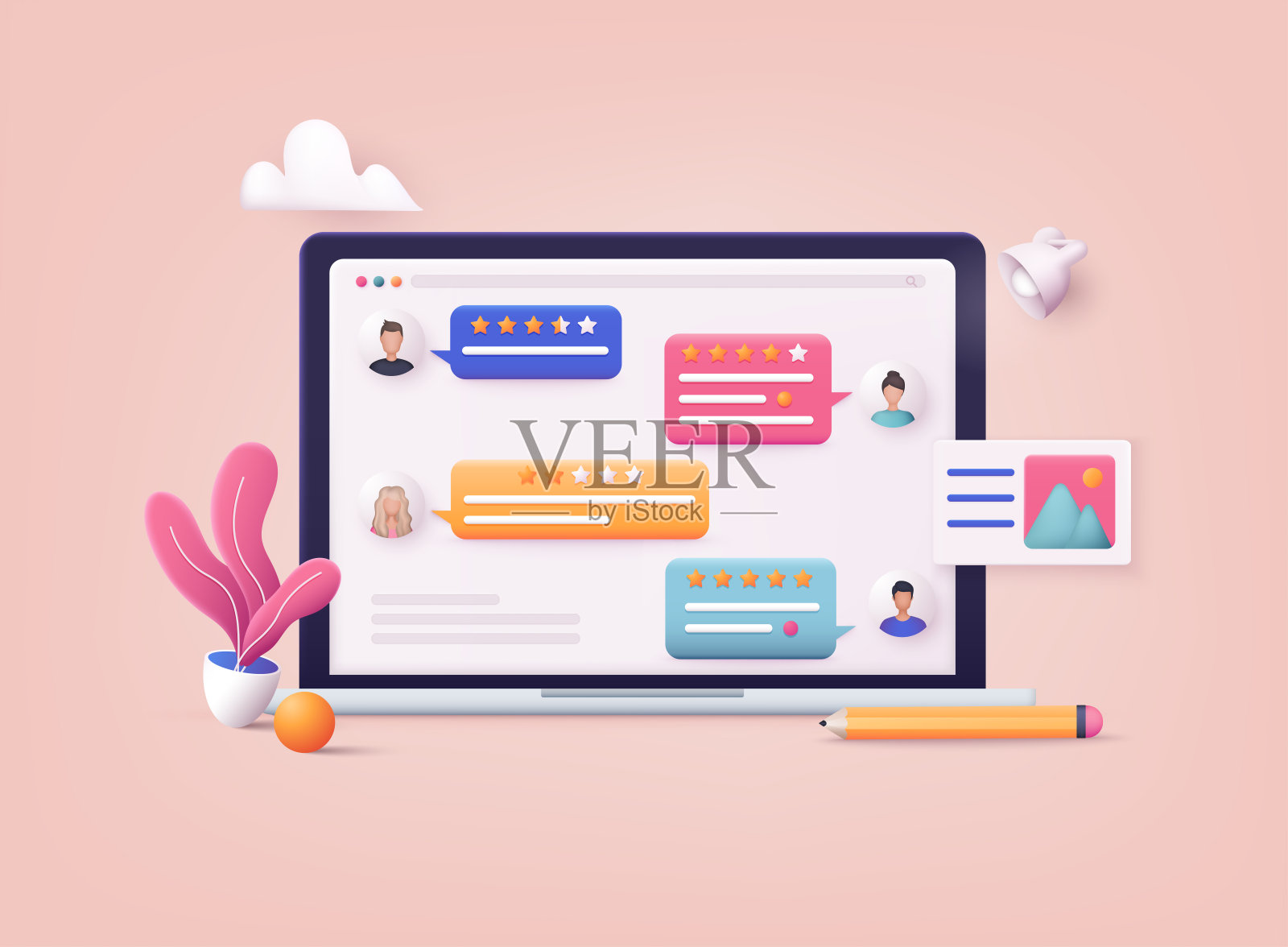 3D网络矢量插图。笔记本电脑与评论评级。评论中有好有坏的评分和文字。插画图片素材