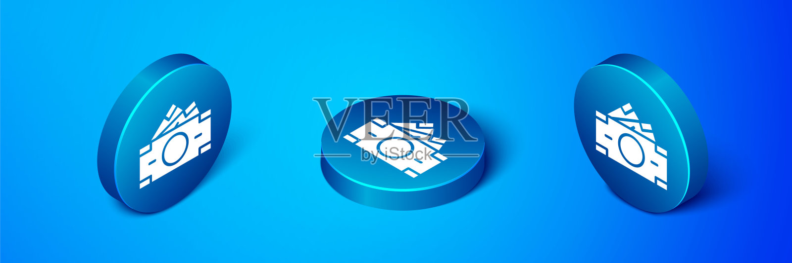 等距堆栈纸币现金图标孤立在蓝色背景。钱钞票栈。比尔的货币。蓝色圆按钮。向量插画图片素材