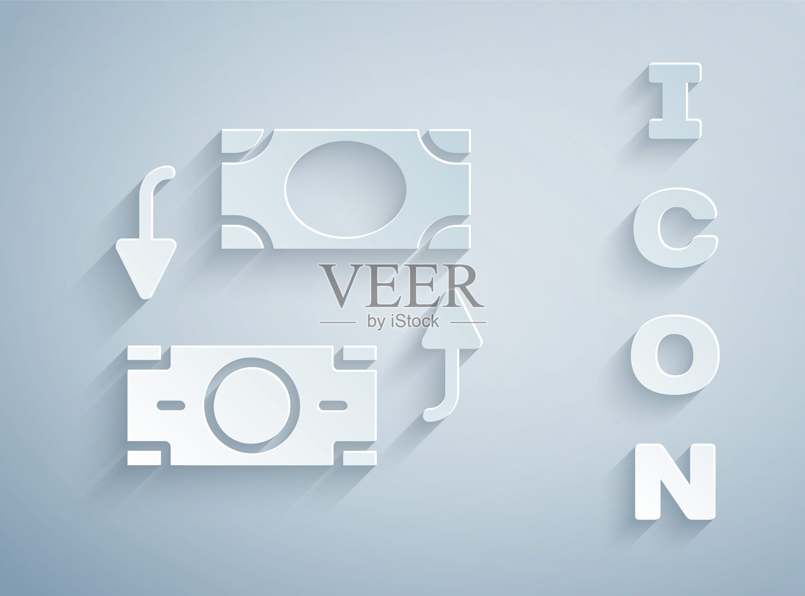 剪纸货币交易所图标孤立在灰色背景。现金转移符号。银行货币符号。纸艺术风格。向量插画图片素材