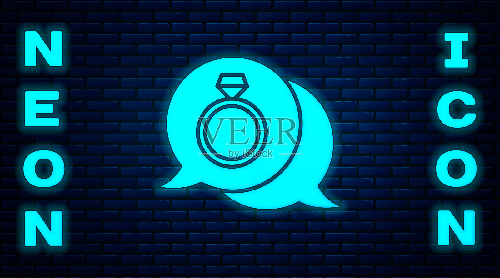 发光的霓虹灯钻石订婚戒指图标隔离在砖墙背景。向量插画图片素材