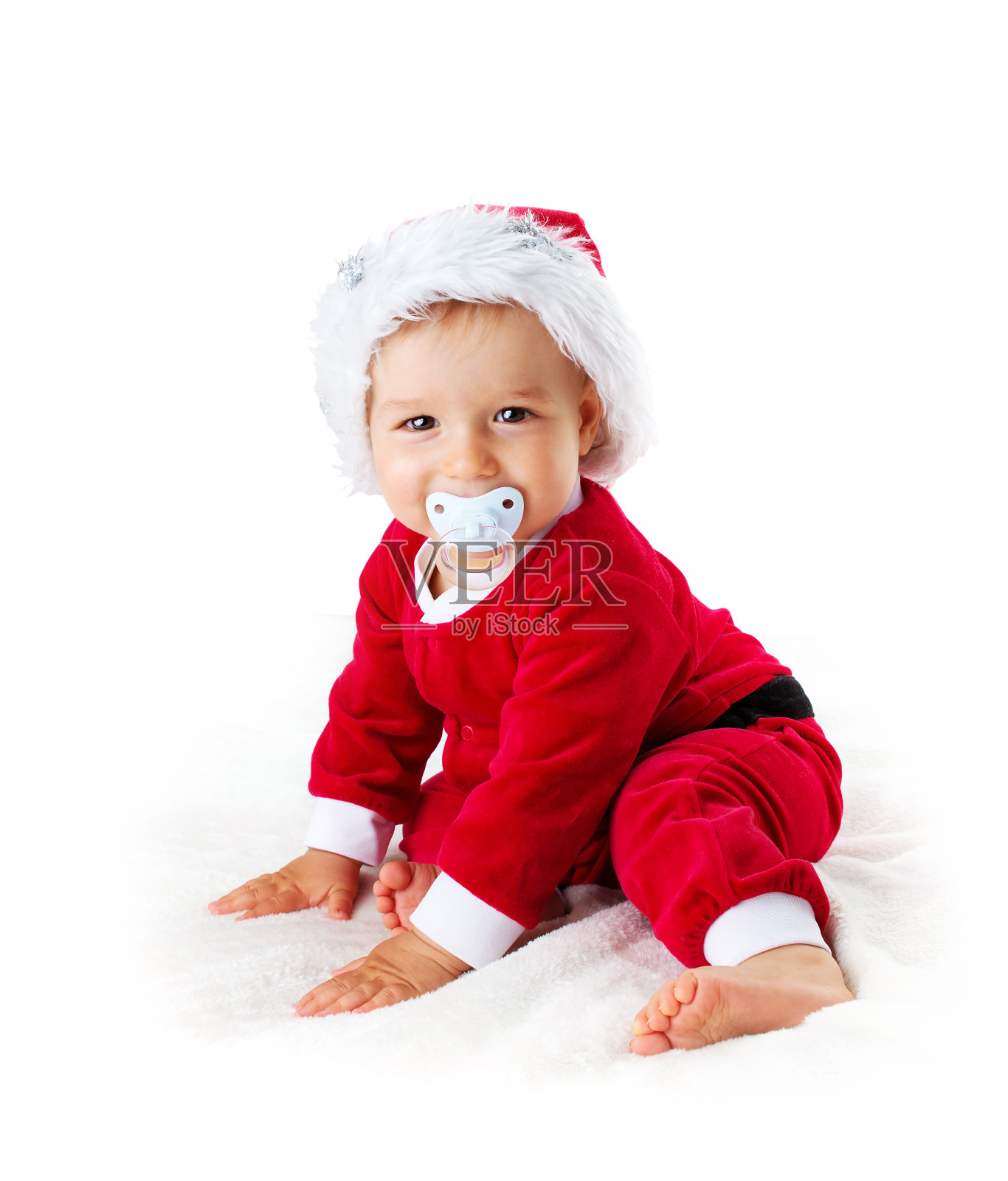 婴儿孤立在白色背景圣诞老人服装照片摄影图片