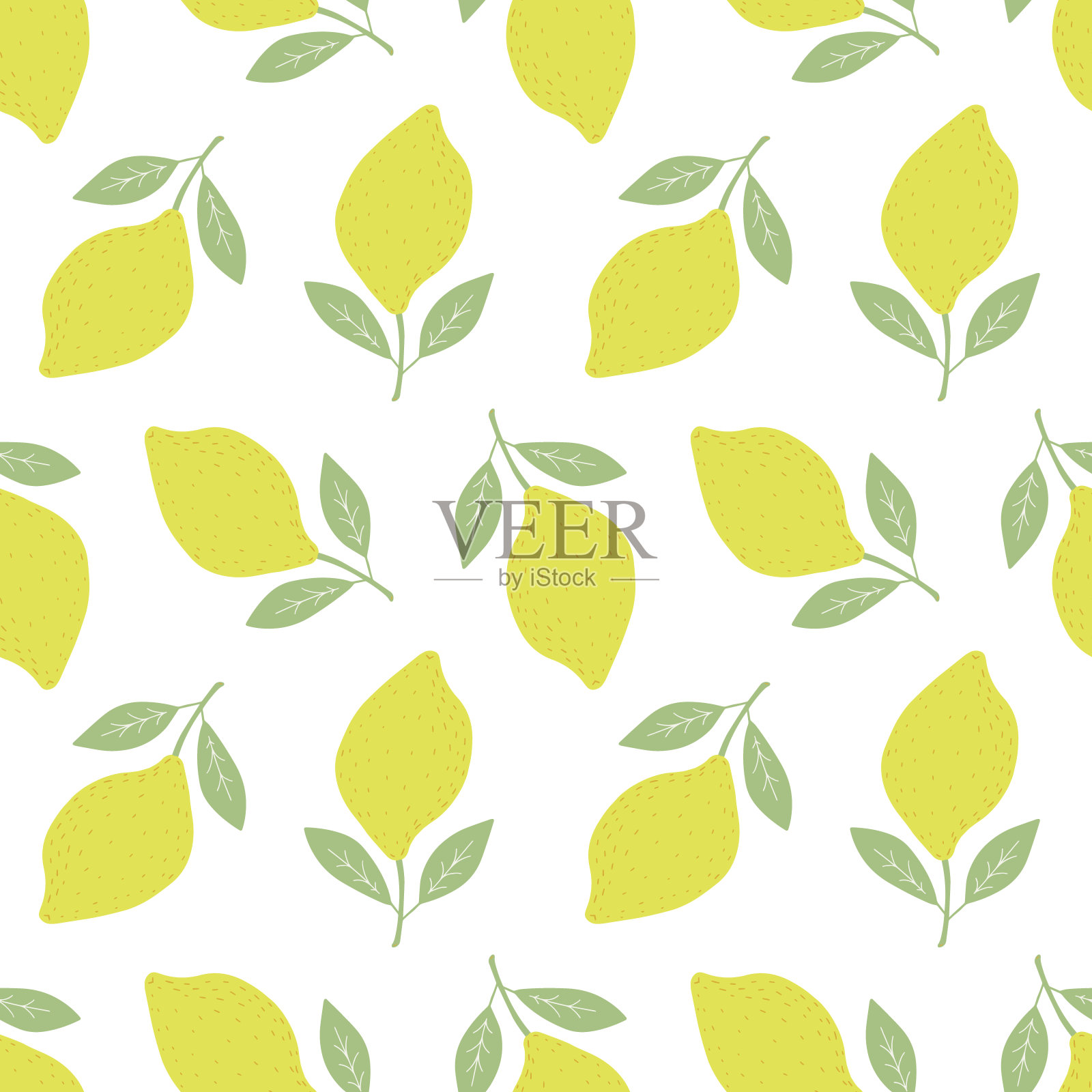 手绘柠檬和树叶的彩色无缝图案。斯堪的纳维亚设计风格。插画图片素材
