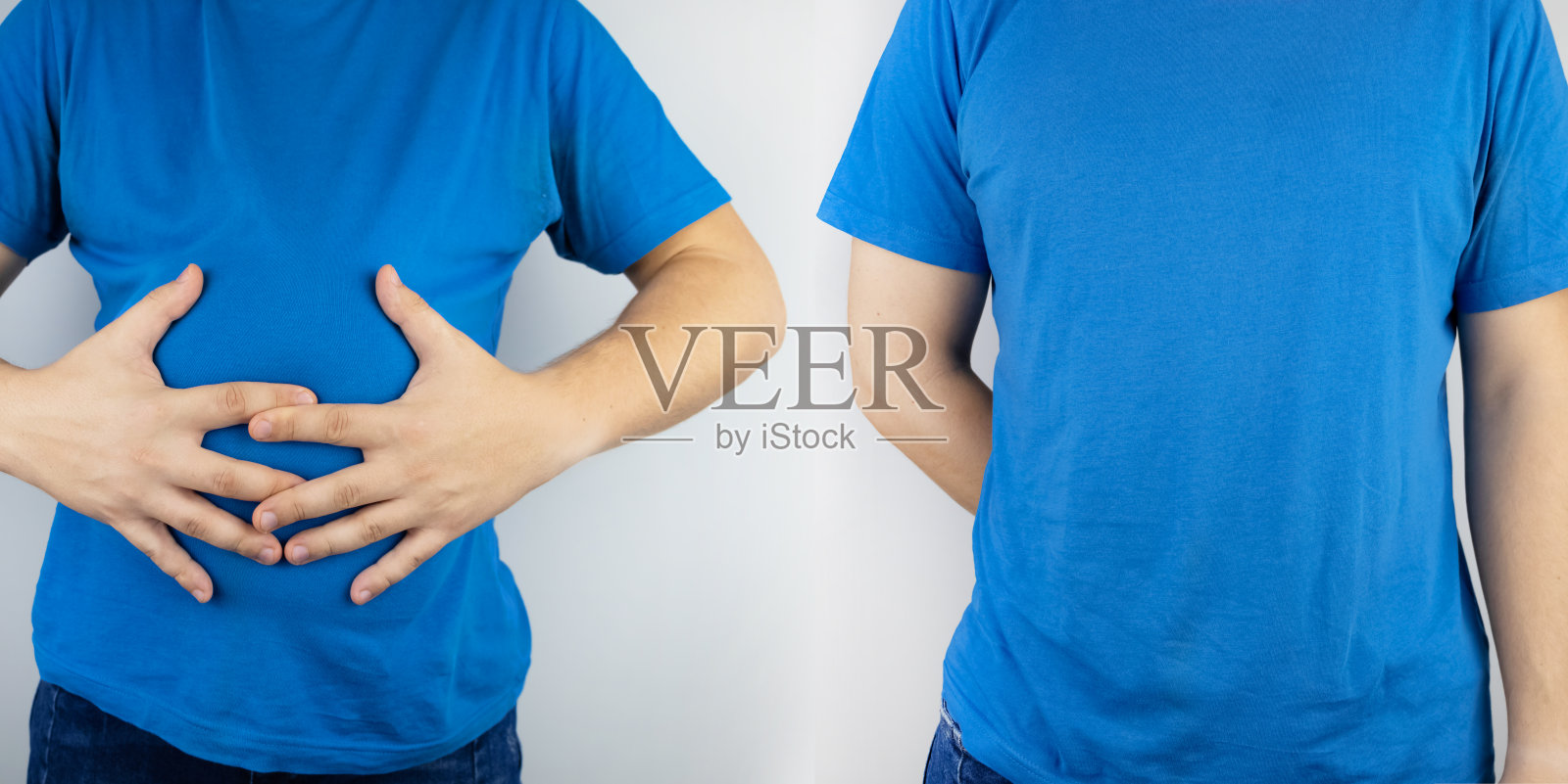 之前和之后。在照片的一半，这个男人抱着他肿胀的肚子，在第二张照片中，他表示问题已经解决了。胀气，腹胀，胀气，肠胃问题照片摄影图片