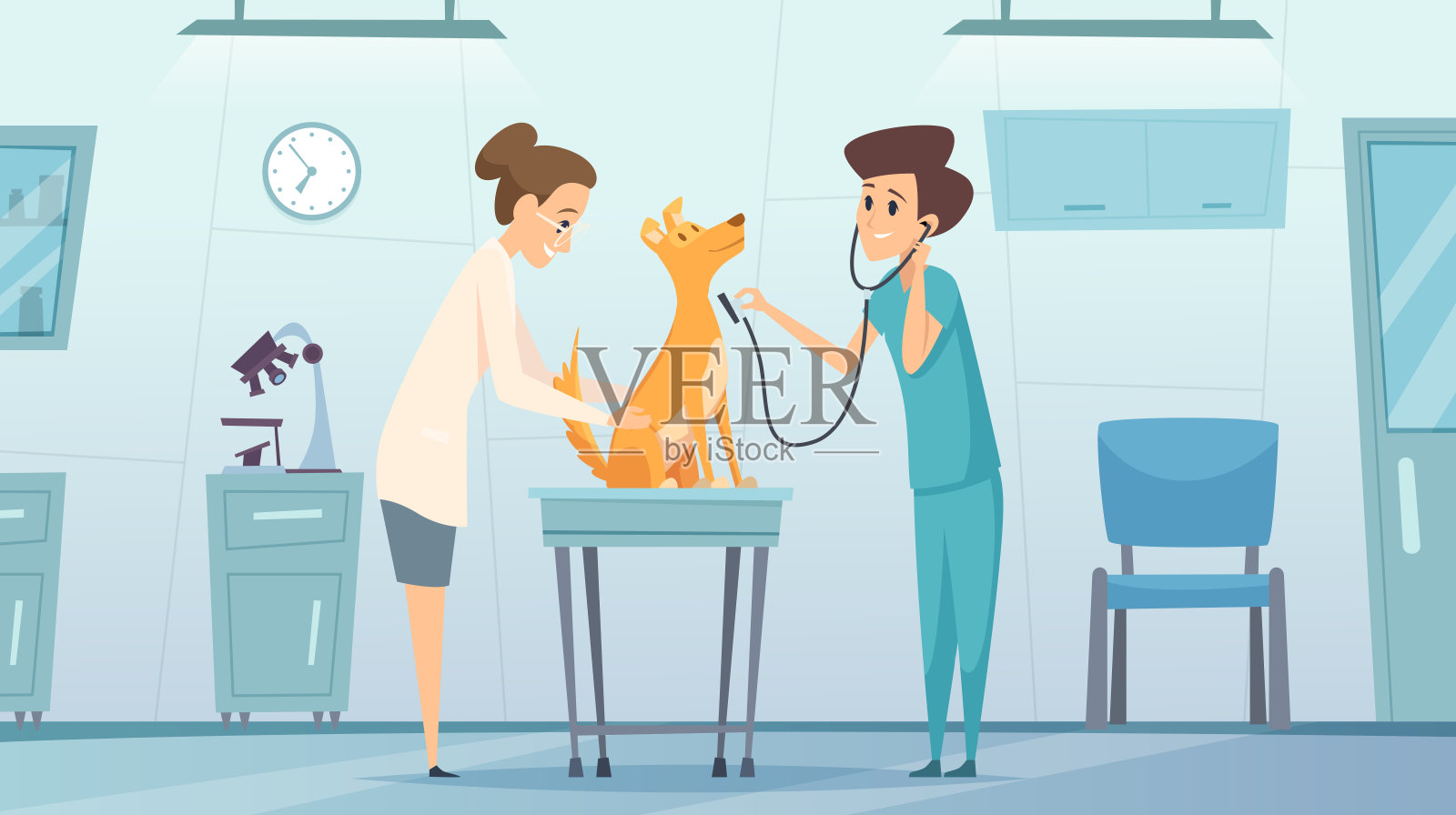兽医诊所。医生在橱柜检查宠物狗治疗健康病媒治疗中心兽医诊所卡通背景插画图片素材
