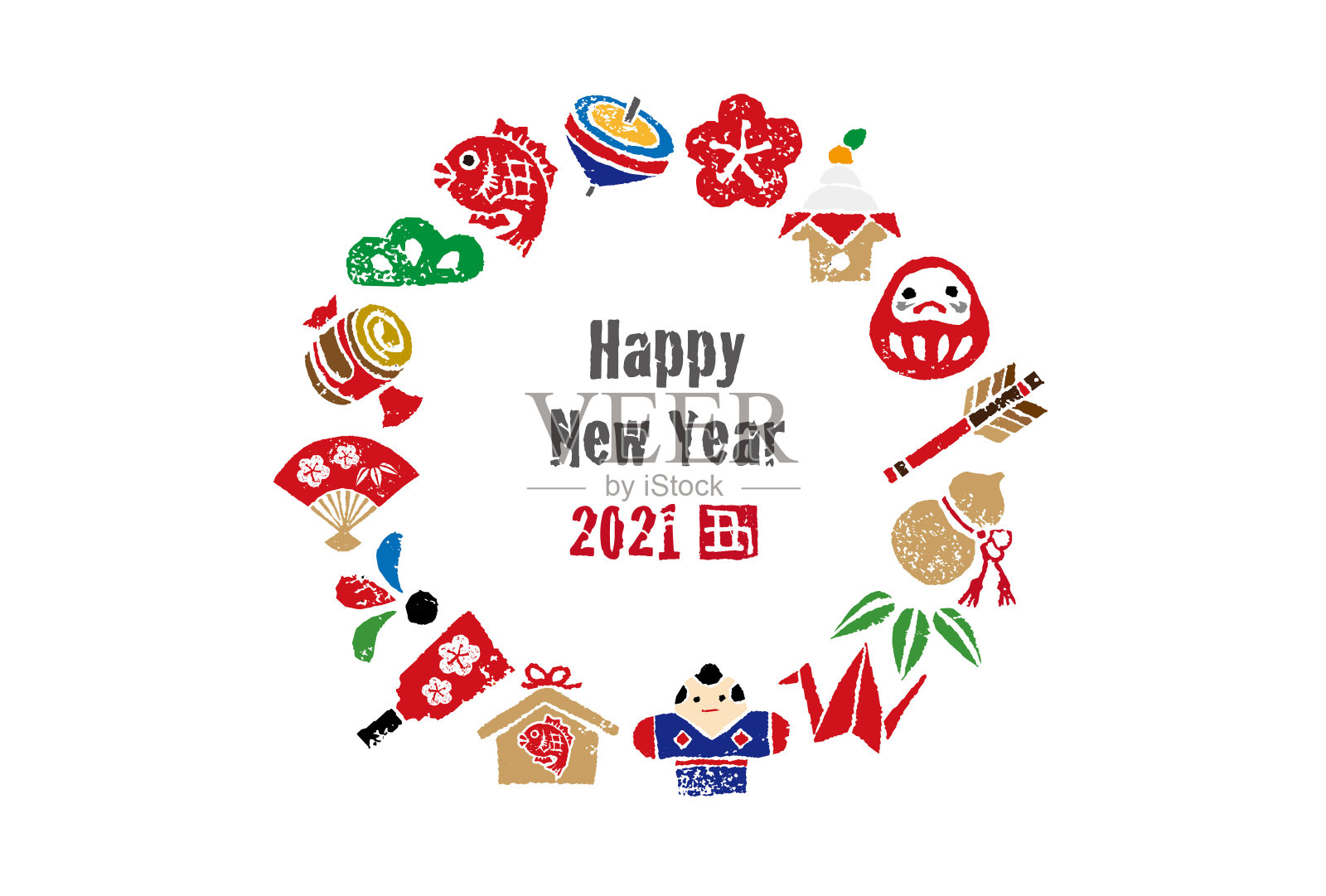 牛年2021新年卡片，上面有日本好运元素的花环插画图片素材