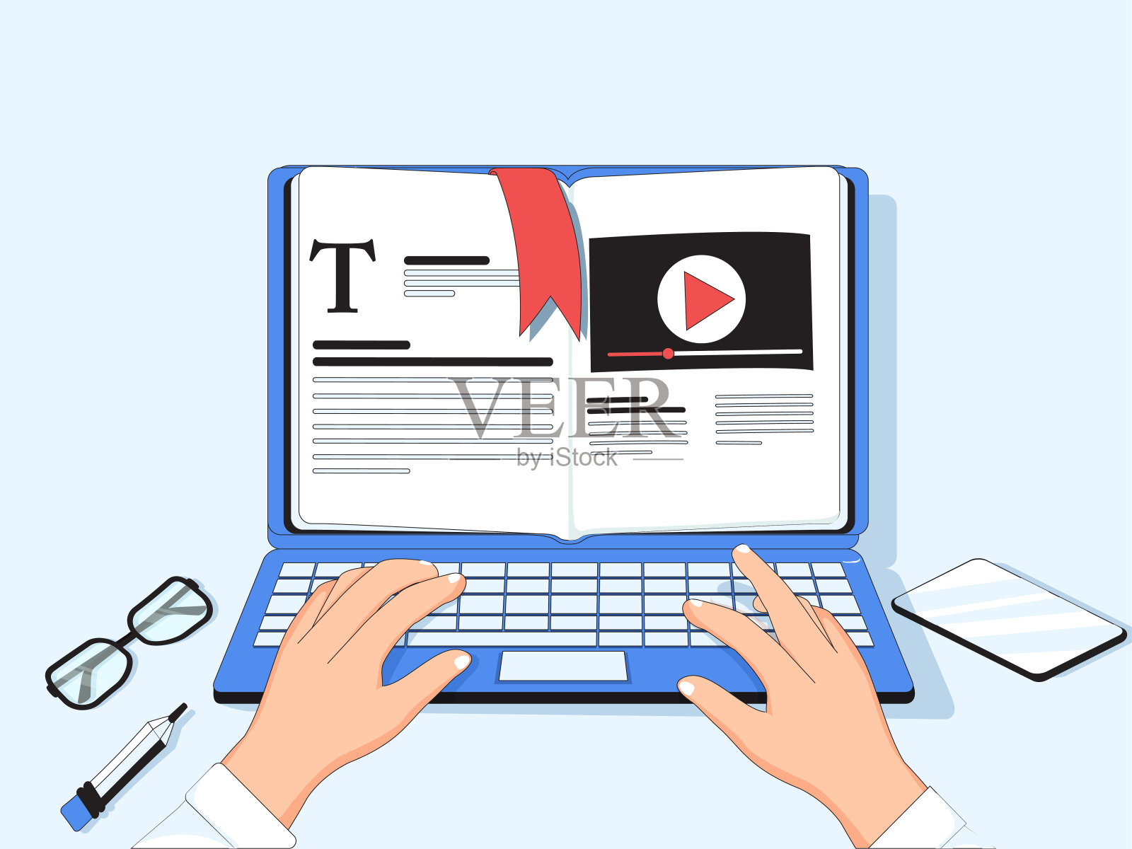 远程培训，电子教育理念。人类自由职业者卡通人物听音频课程和工作插画图片素材