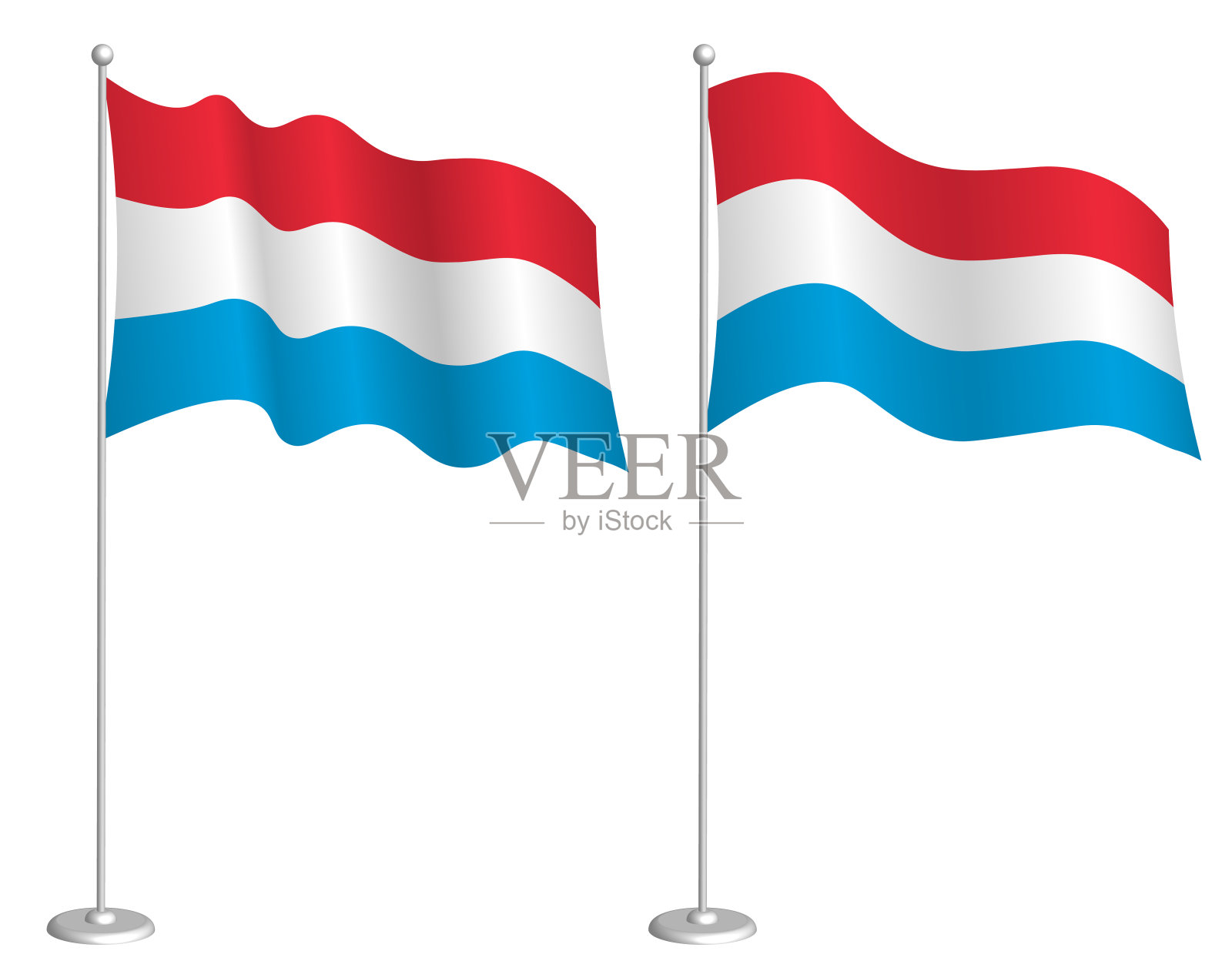 卢森堡国旗在旗杆上迎风飘扬。节日设计元素。检查点的地图符号。孤立的矢量在白色背景设计元素图片