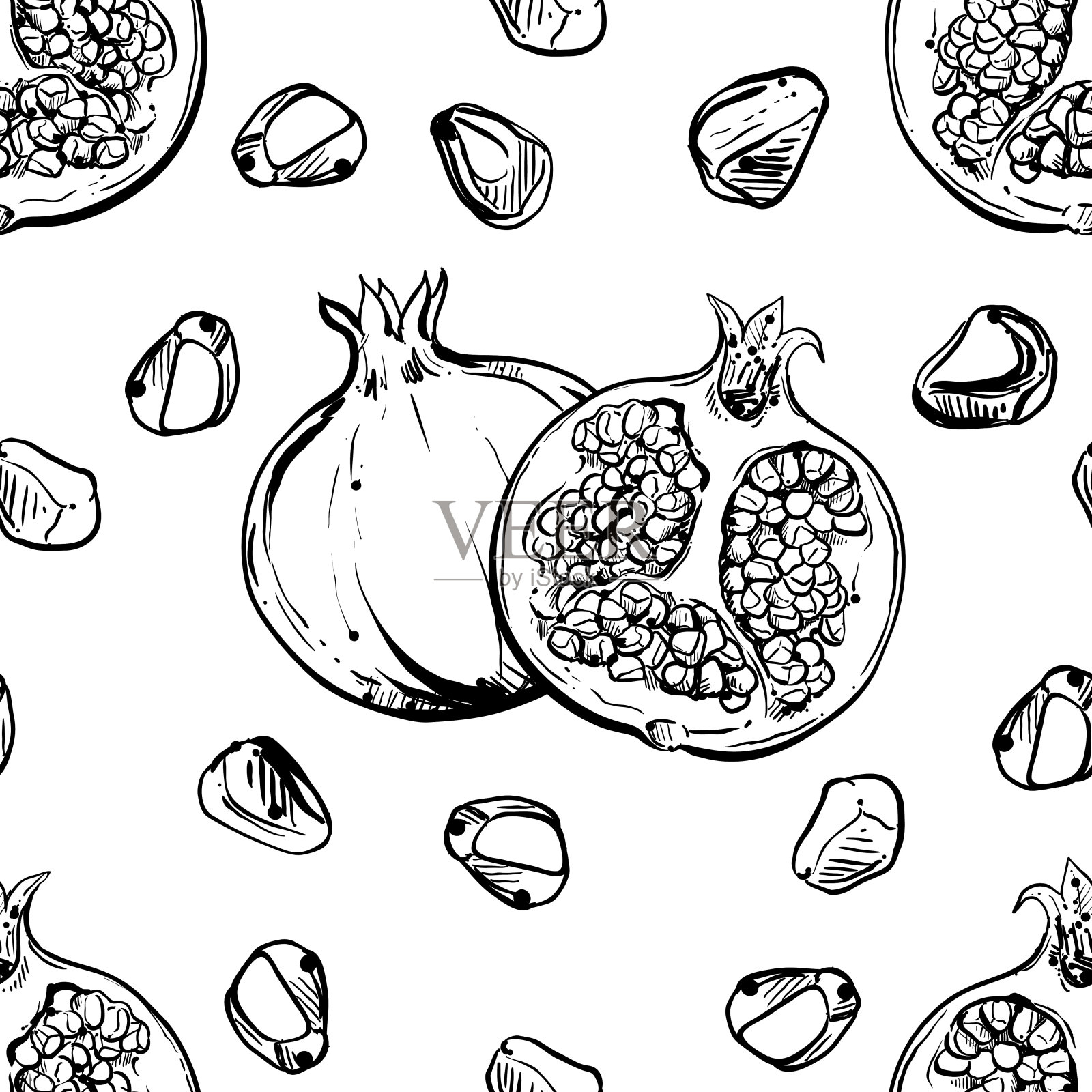详细手绘黑白矢量无缝石榴图案。草图。元素在图形风格标签，卡，不干胶，菜单，包装。插画图片素材