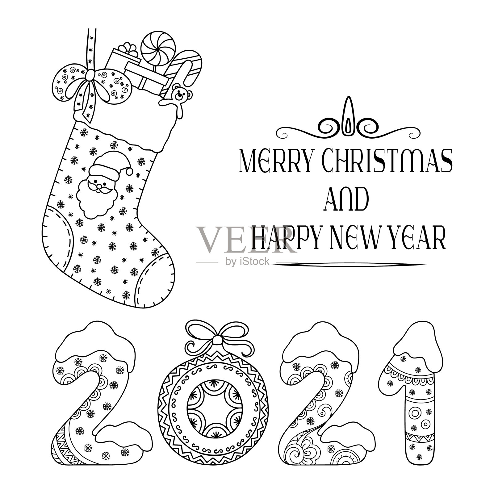 装饰节日字母-文字问候圣诞快乐和新年快乐，2021年。节日装饰形式有圣诞老人长袜、玩具、礼物、糖果、雪花、蝴蝶结。设计模板素材