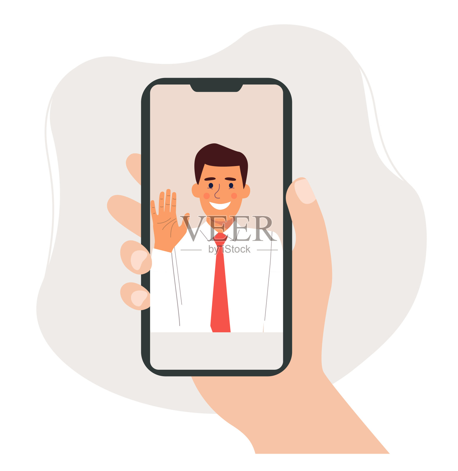 手拿着智能手机。屏幕上年轻人的脸。矢量平面卡通风格的插图插画图片素材